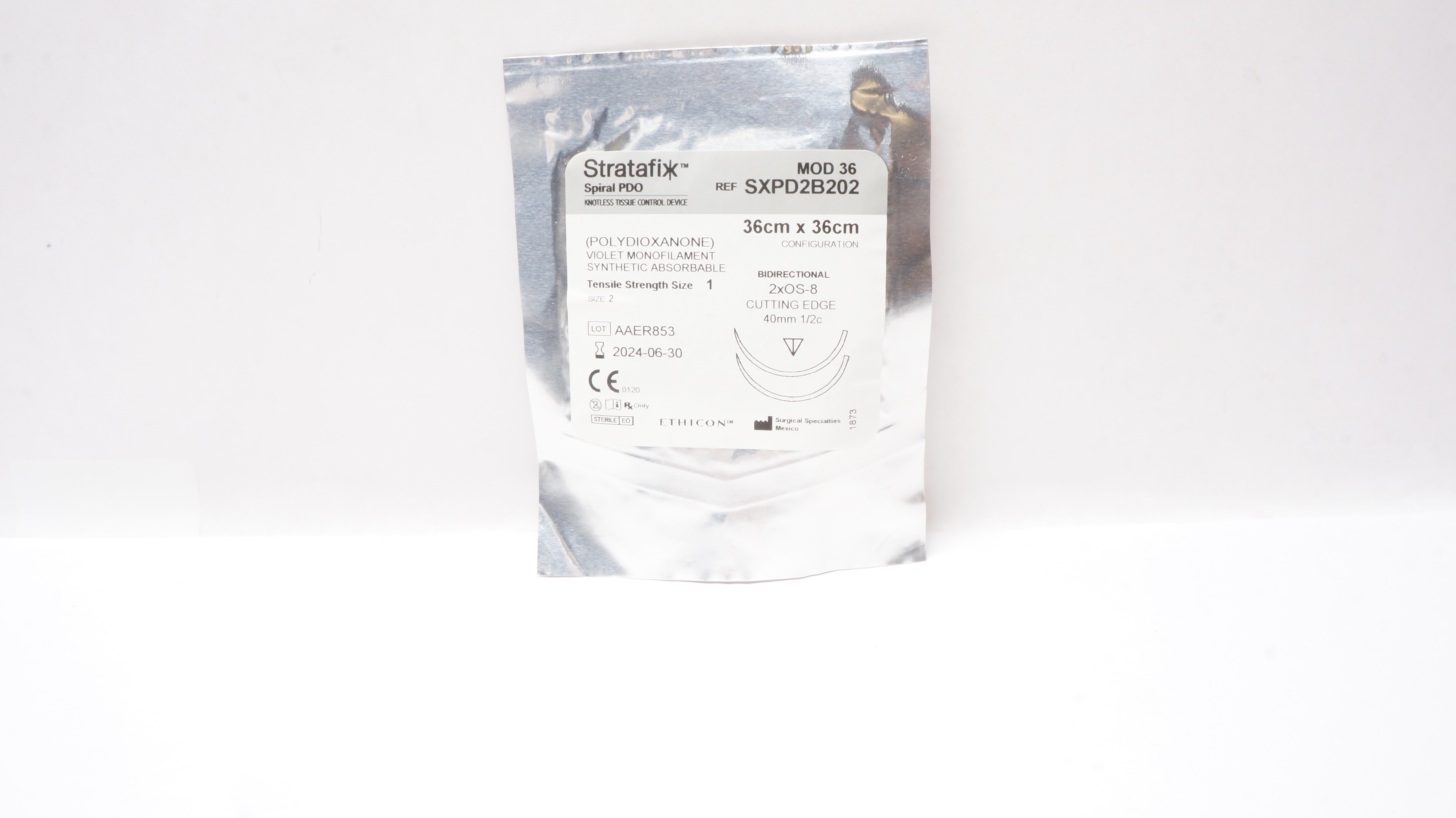 Ethicon SXPD2B202 2 Spiral PDO 2xOS-8 Cutting Edge 40mm 1/2c, 36cm x 36cm