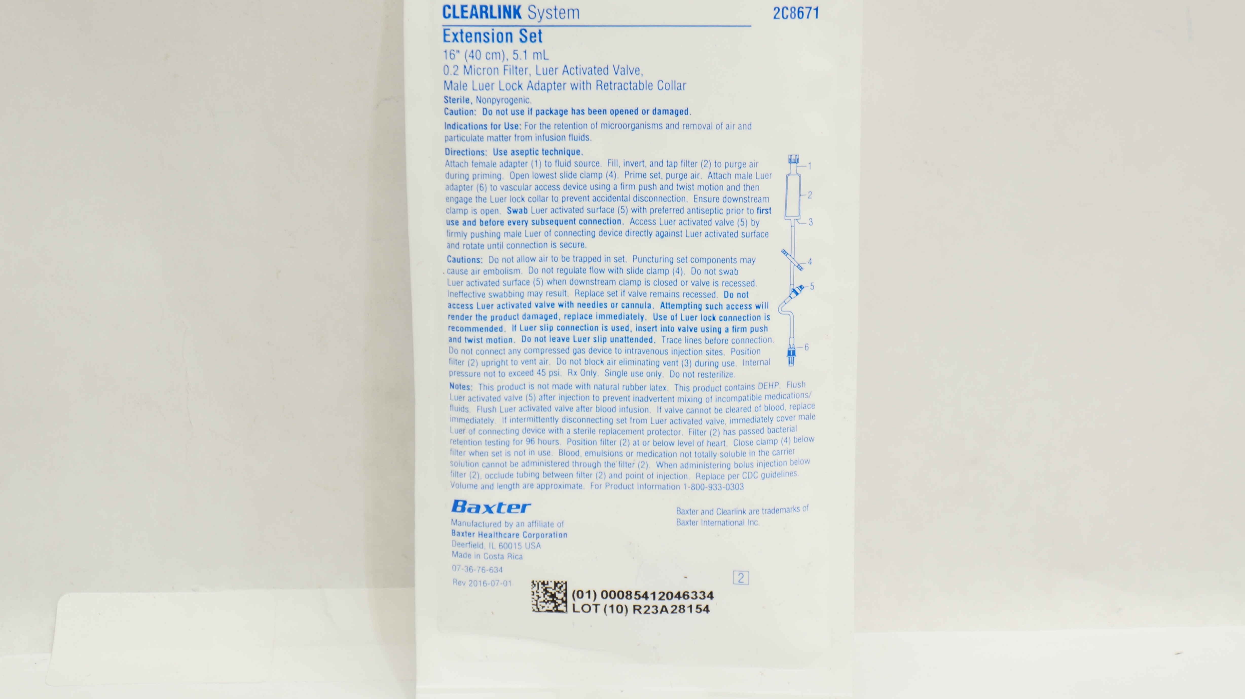 Baxter 2C8671 Clearlink System Extension Set 16inch x 5.1 mL, 0.2Micron Filter