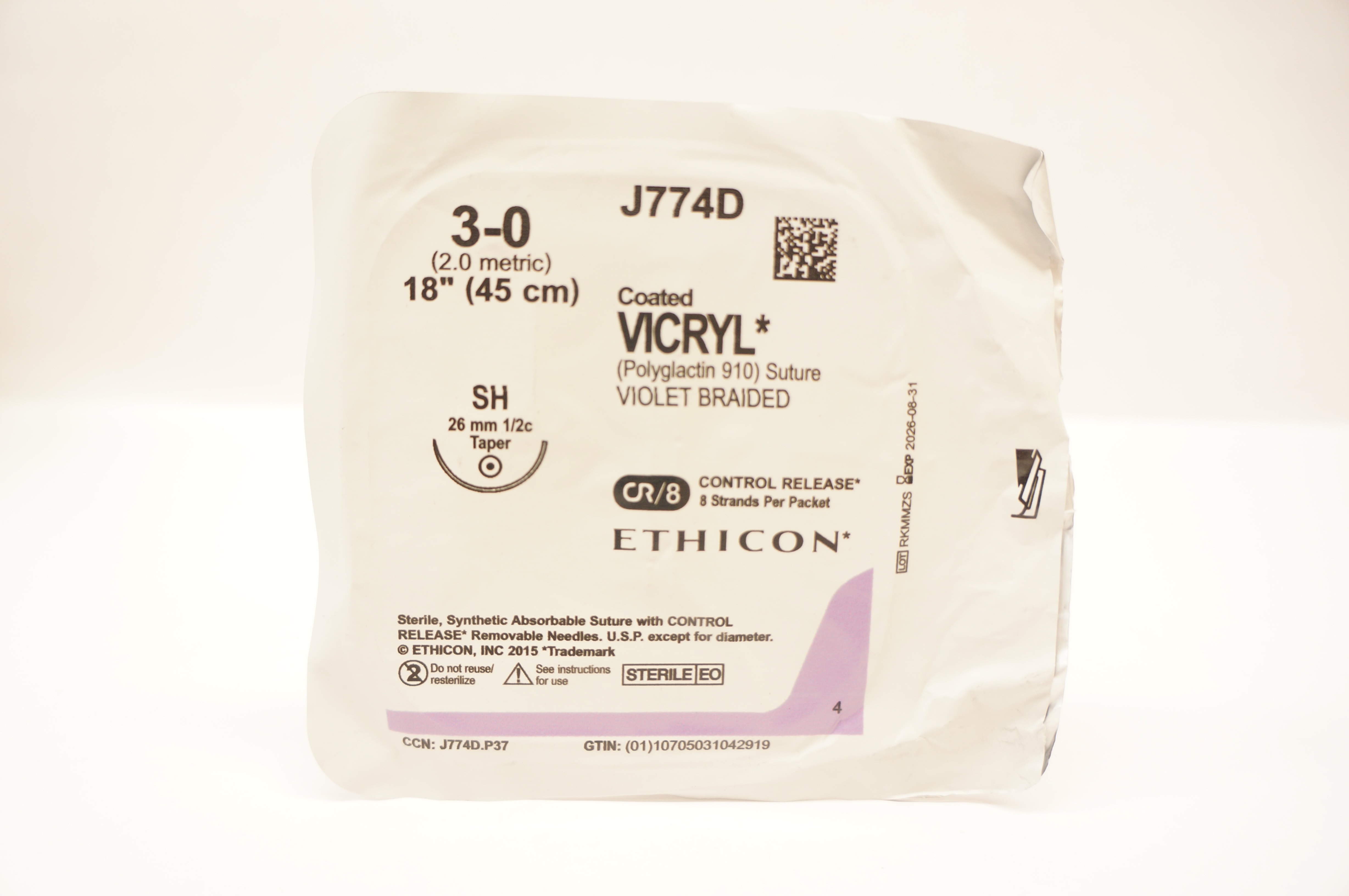 Ethicon J774D 3-0 Coated VICRYL Stre Violet Braided SH 26mm 1/2c Taper, 18inch