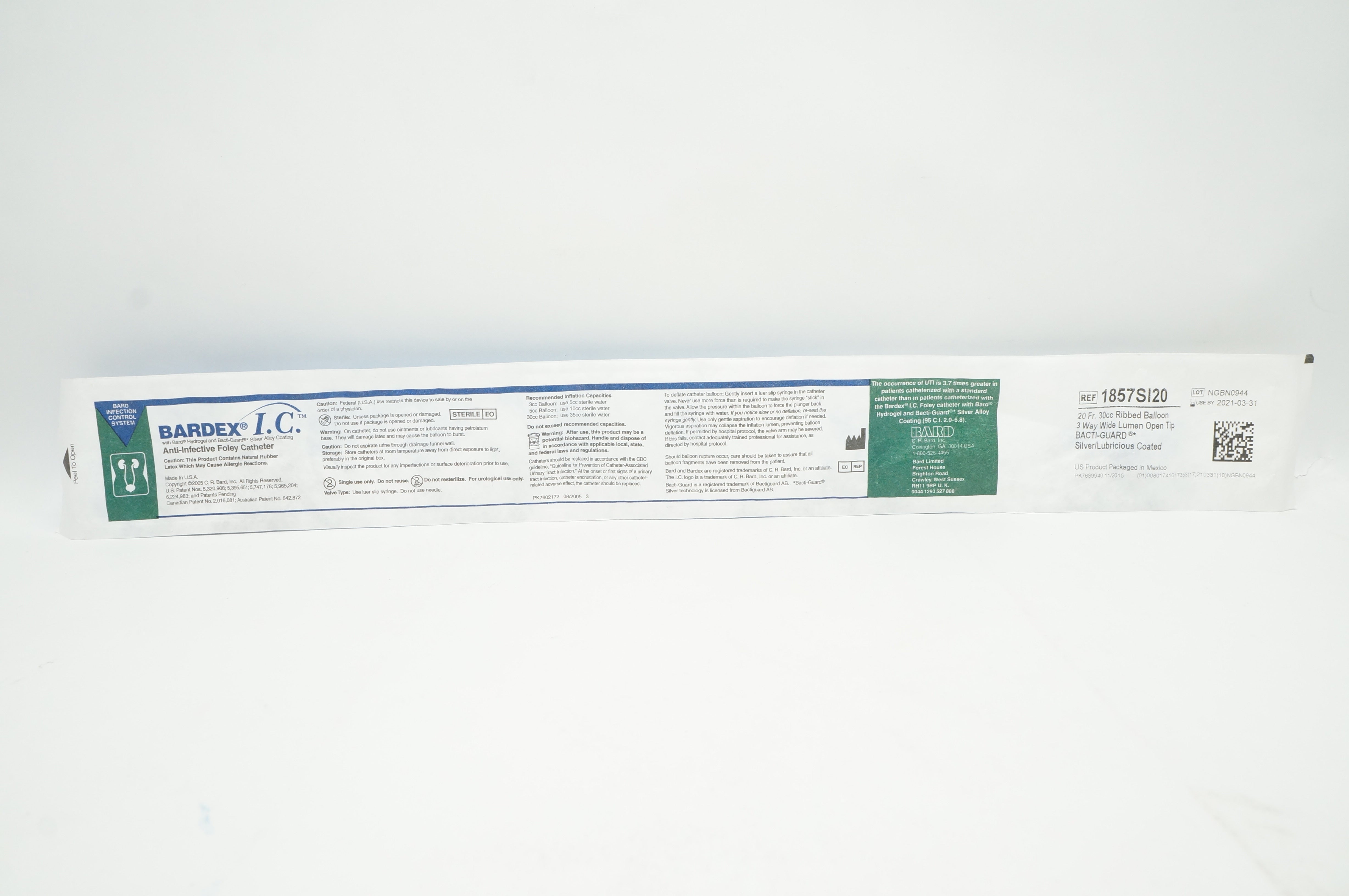 Bard 1857SI20 Anti-Infective Foley Cath.3-Way Standard Tip 30cc Balloon 20Fr (x)