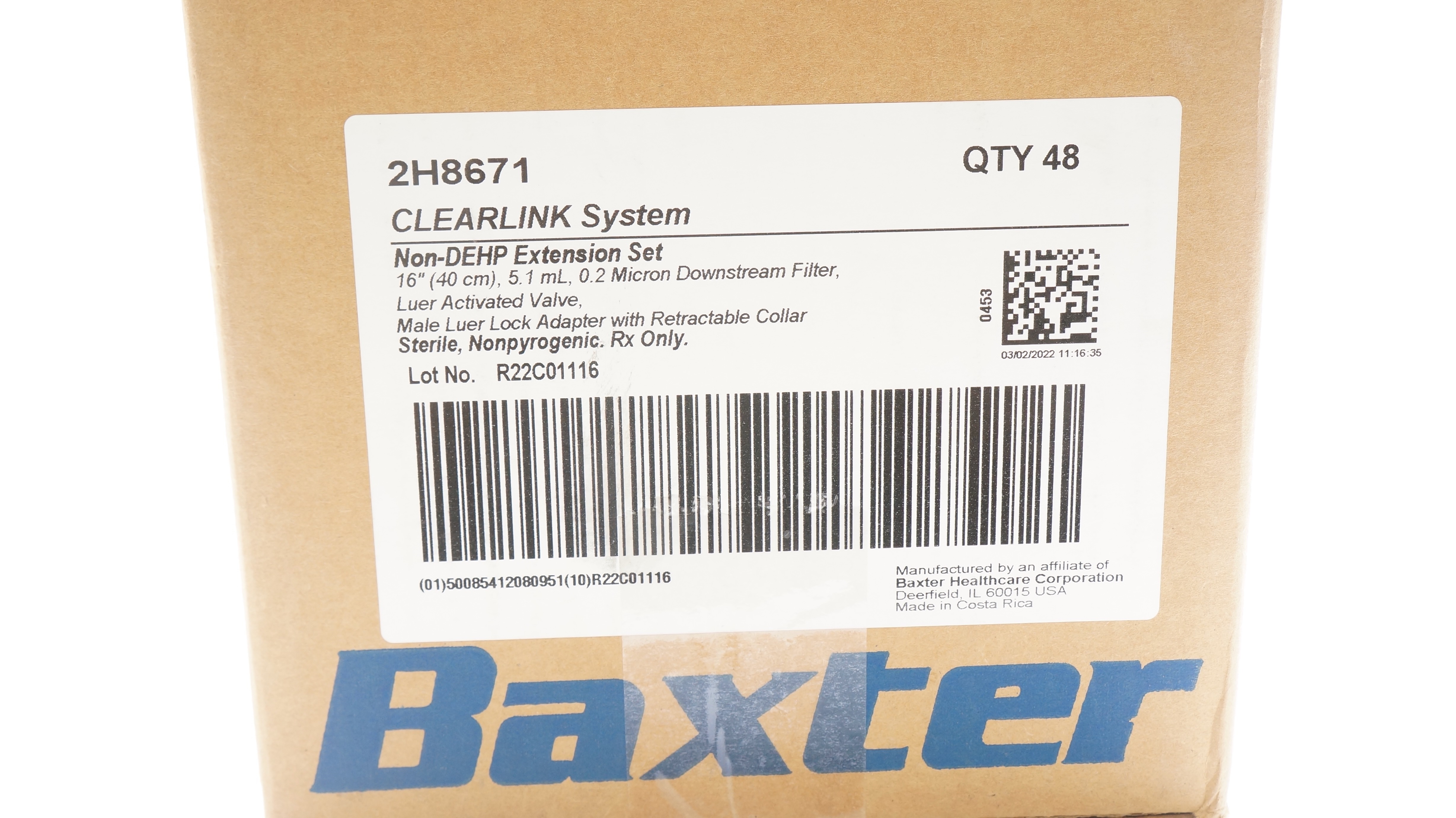 Baxter 2H8671 Clearlink System Non-DEHP Extension Set 16inch x 5.1mL - Box of 48