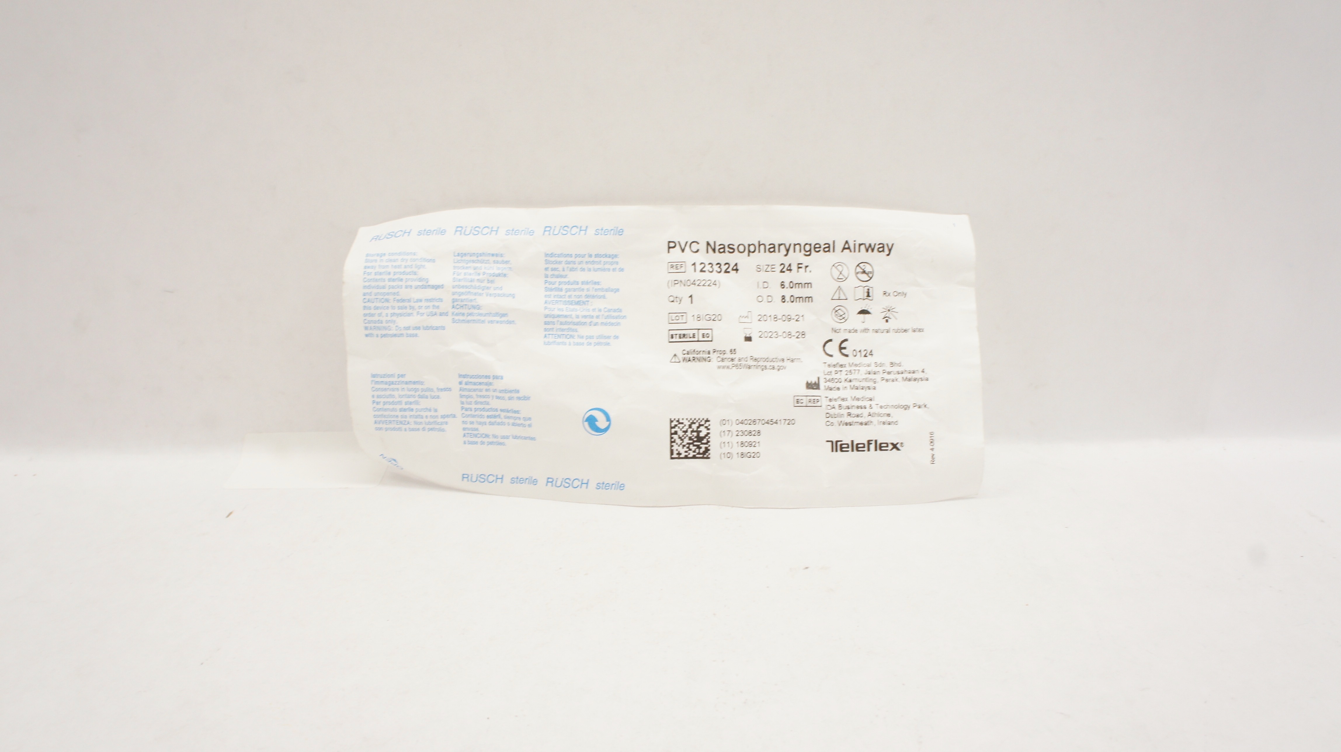 Teleflex 123324 Rusch PVC Nasopharyngeal Airway 24 Fr x 6.0mm ID x 8.0mm OD (x)