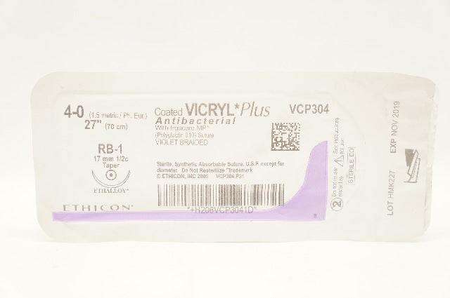 Ethicon VCP304 4-0 Coated Vicryl Plus RB-1 17mm 1/2c Taper 27inch (x)