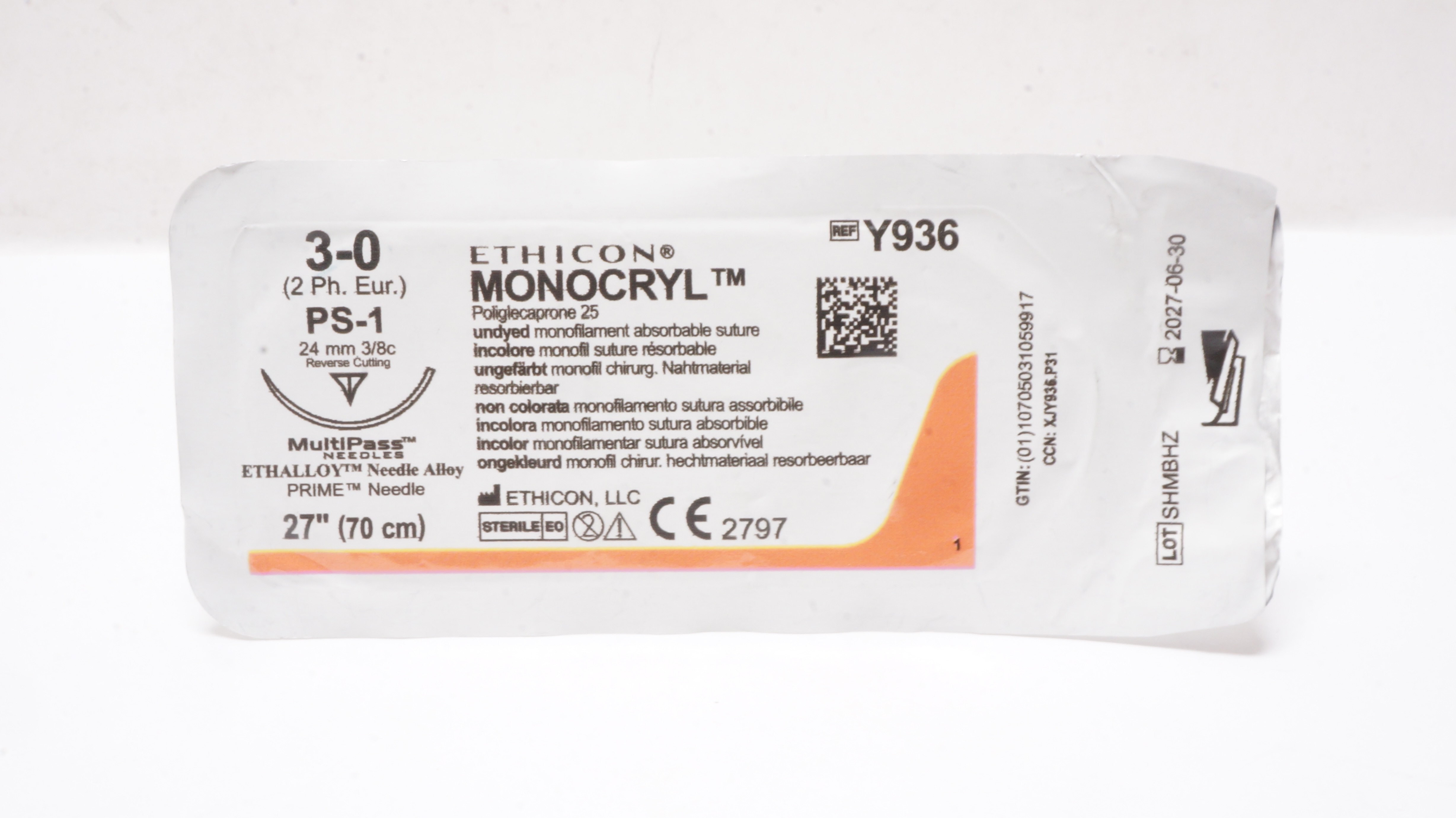 Ethicon Y936 3-0 MONOCRYL PS-1 24mm 3/8c Reverse Cutting 27inch