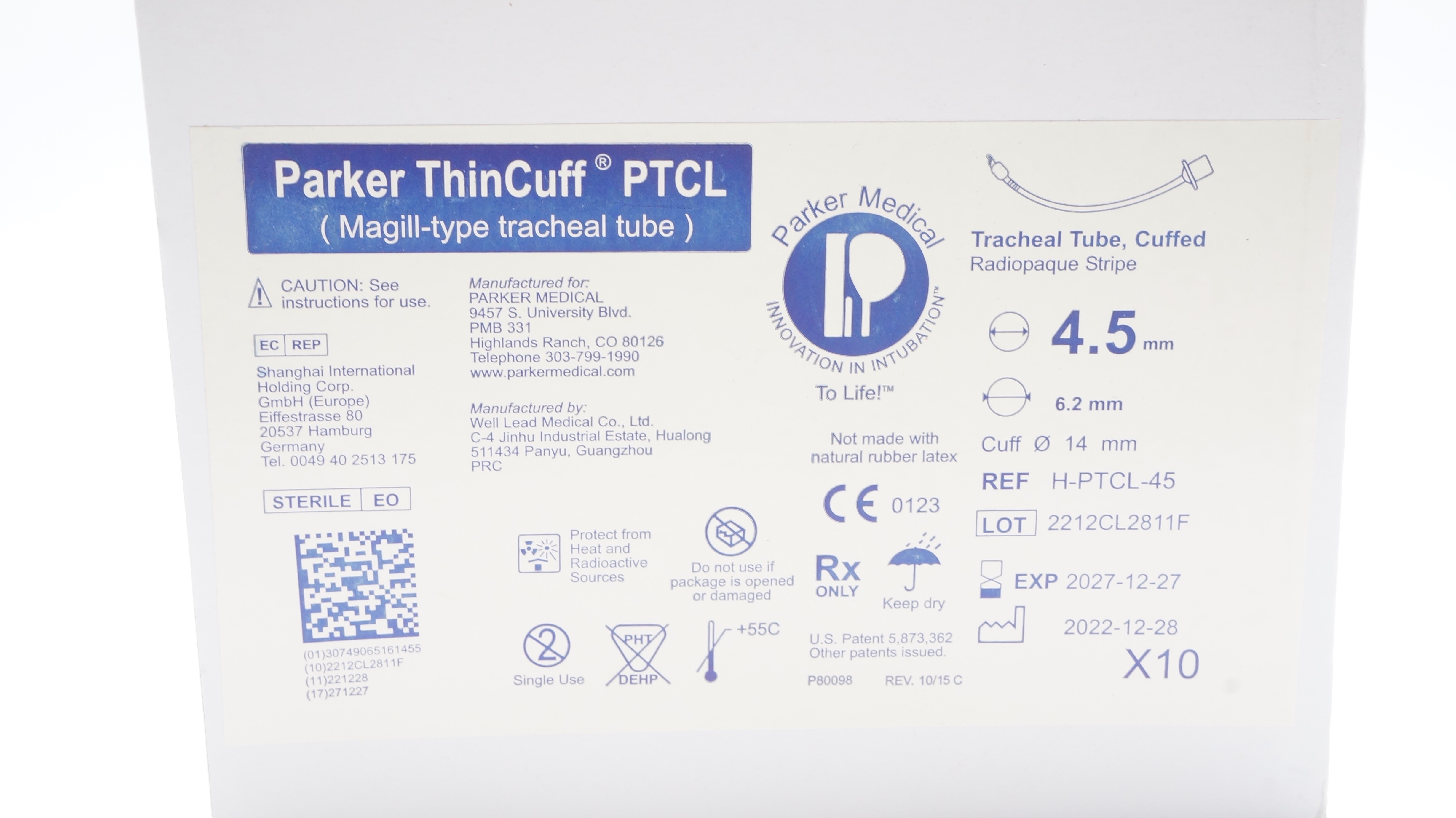 Parker Medical H-PTCL-45 ThinCuff PTCL Tracheal Tube 4.5mm - Box of 10