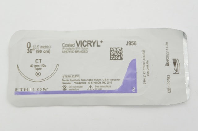 Ethicon J958 0 Coated VICRYL Polyglactin 910 Stre CT 40mm 1/2c Taper, 36inch