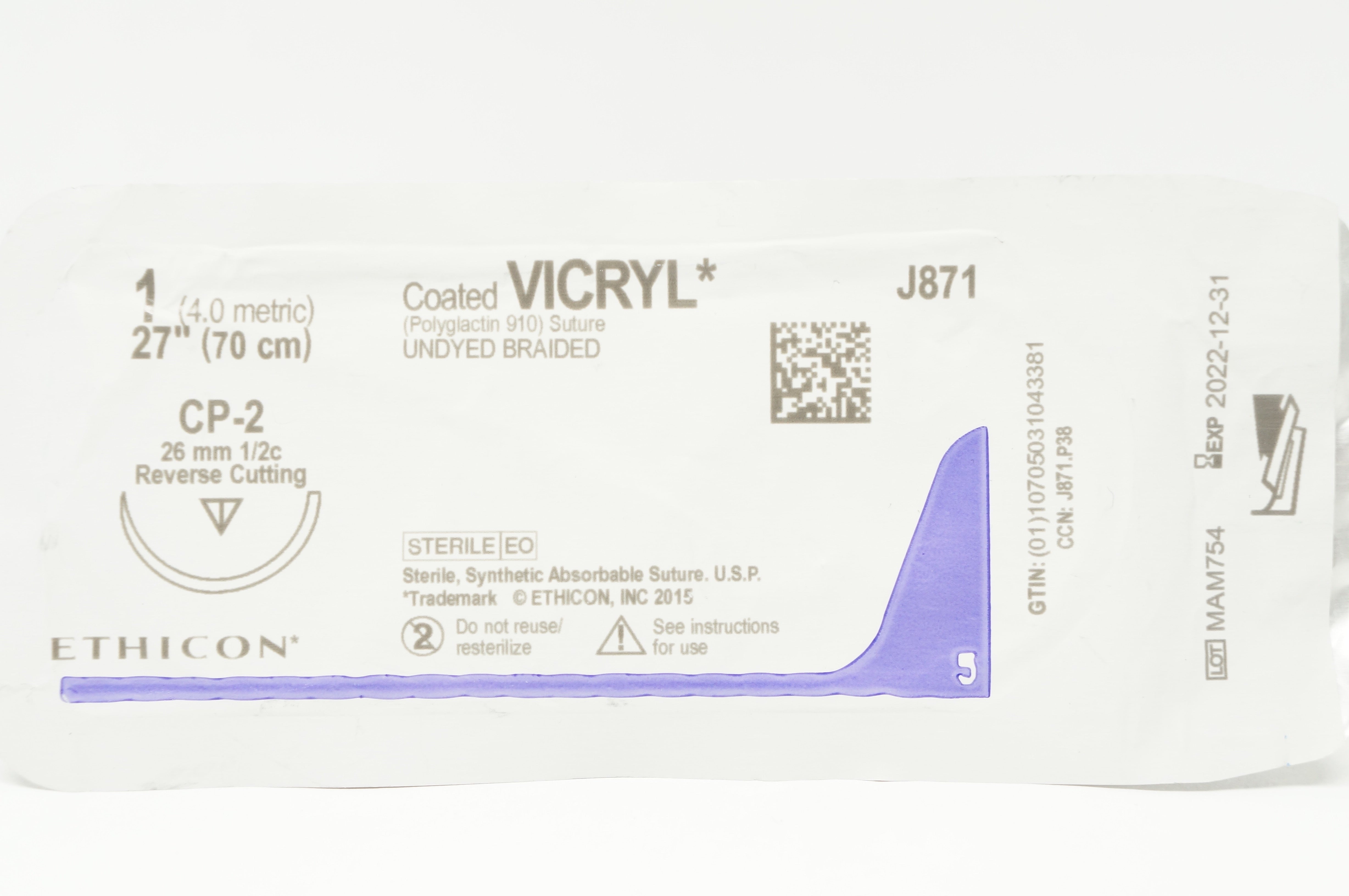 Ethicon J871 1 Coated VICRYL Stre CP-2 26mm 1/2c Reverse Cutting 27in