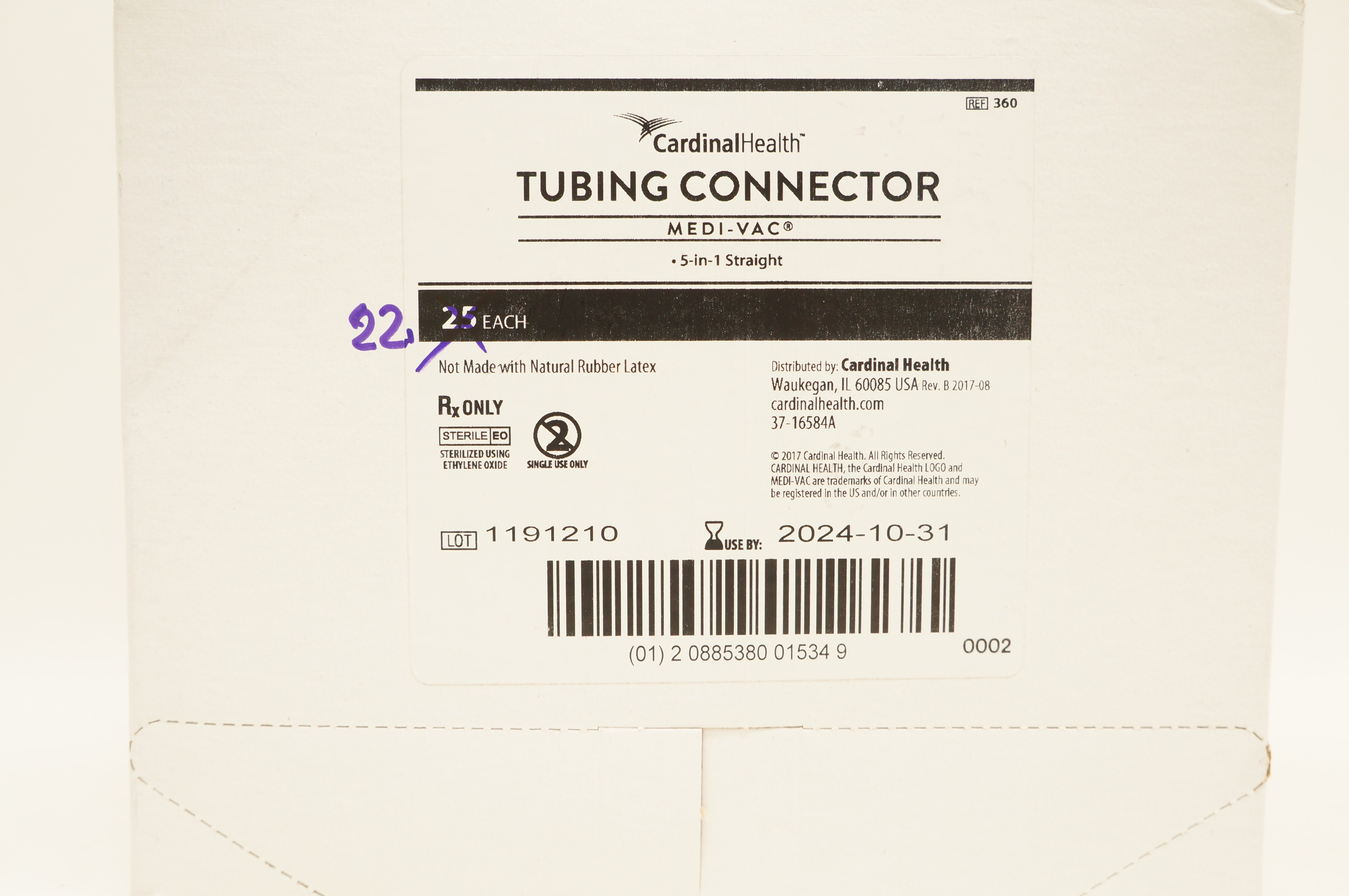 Cardinal Health 360 Medi-Vac Tubing Connector 5-in-1 Straight - Box of 22