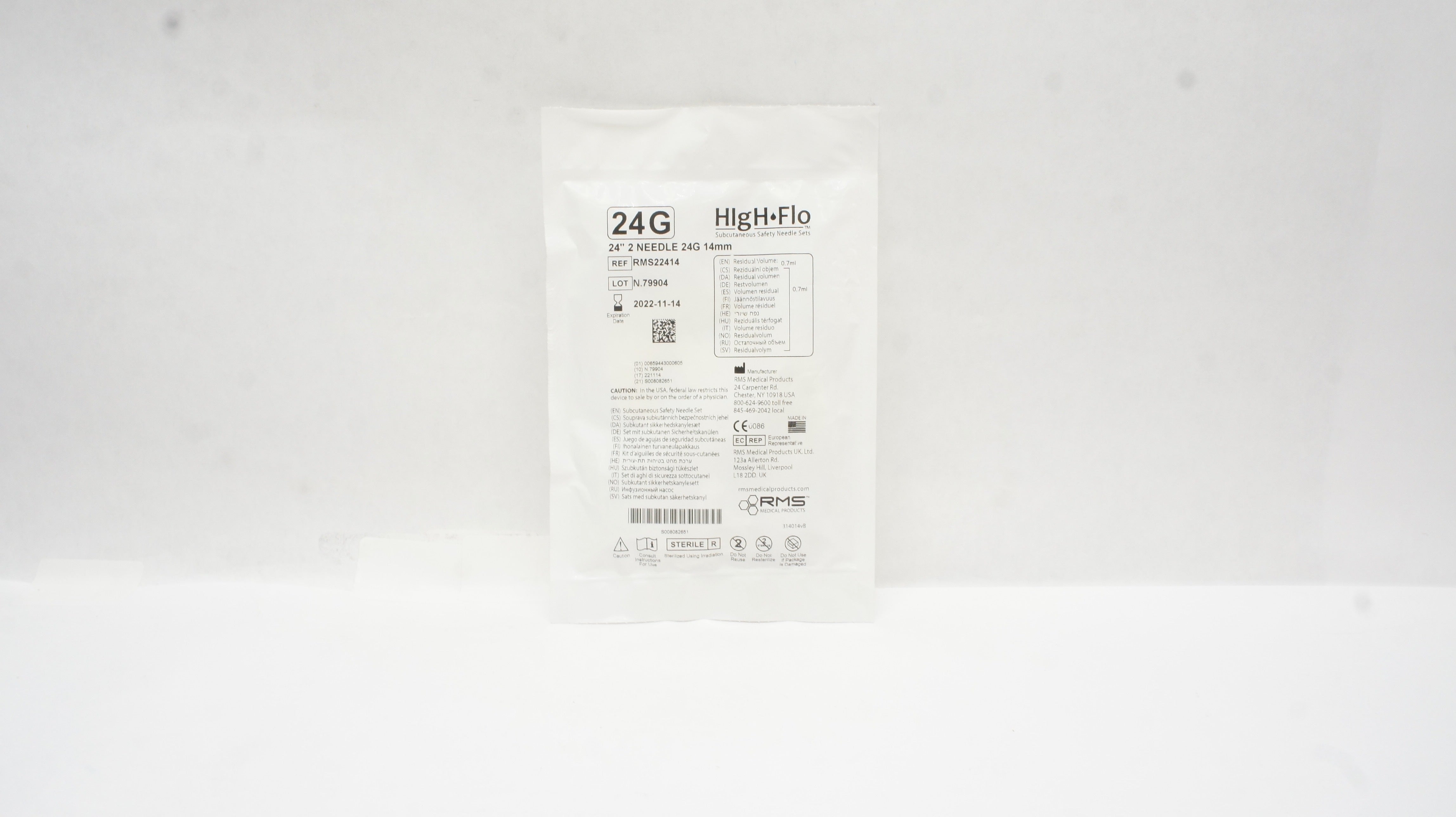 RMS Medical RMS22414 HigH Flo Subcutaneous Safety 2 Ndle. Set 24inch 24G 14mm(x)