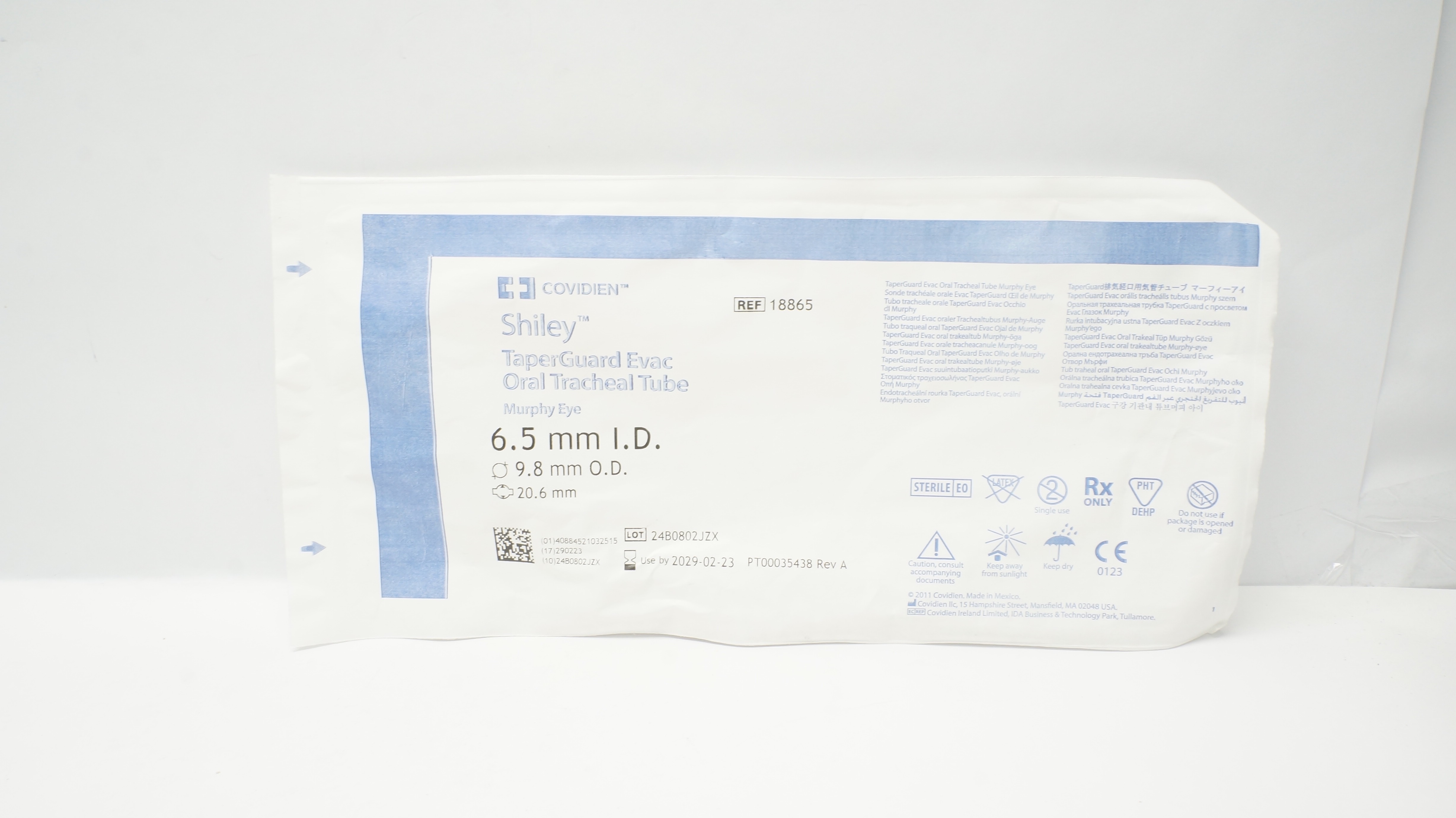 Covidien 18865 Shiley TaperGuard Evac Oral Tracheal Tube 6.5ID x 9.8OD x 20.6mm