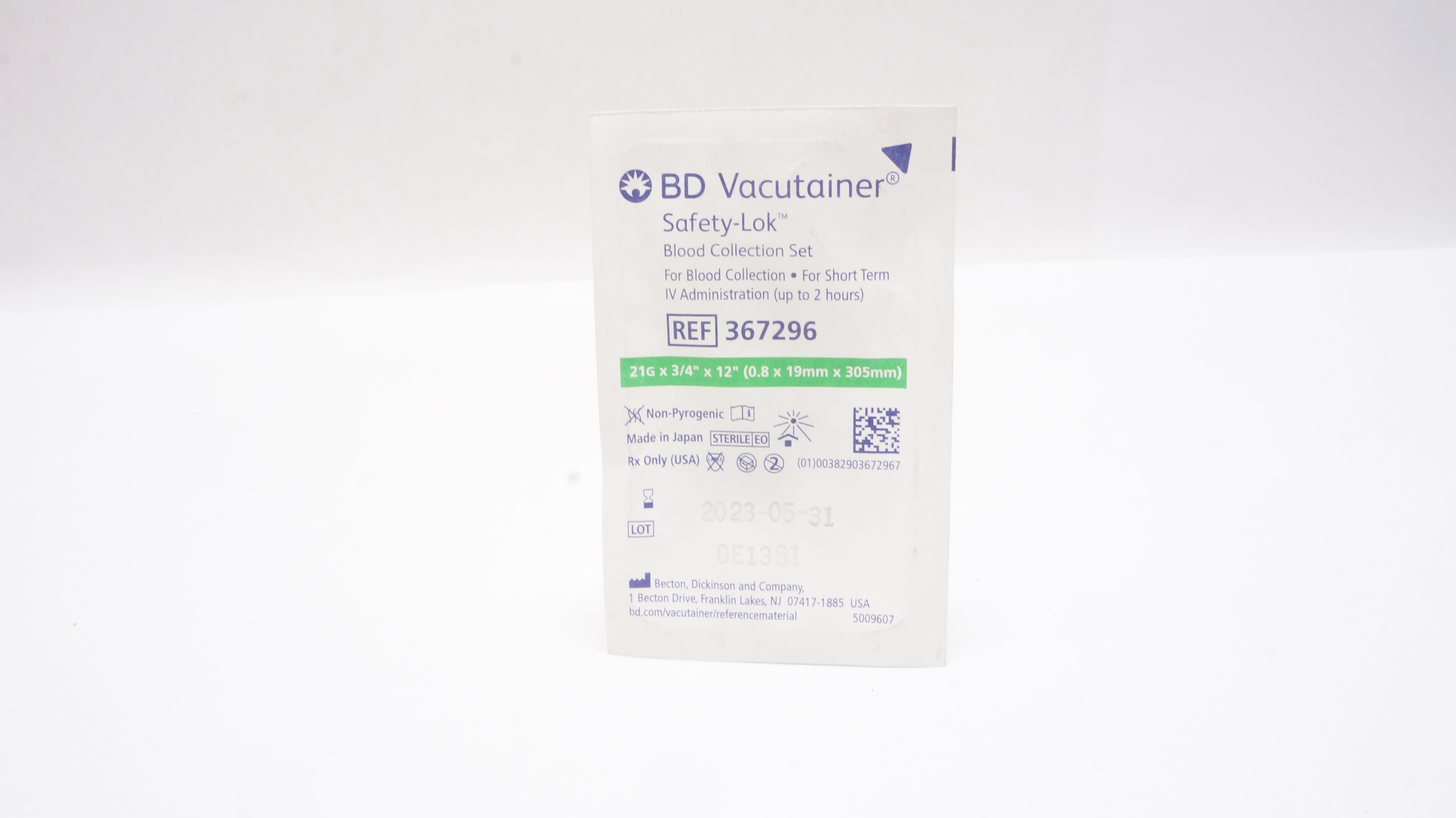 BD 367296 Vacutainer Safety-Lok Blood Collection Set 21G x 3/4in. x 12in.