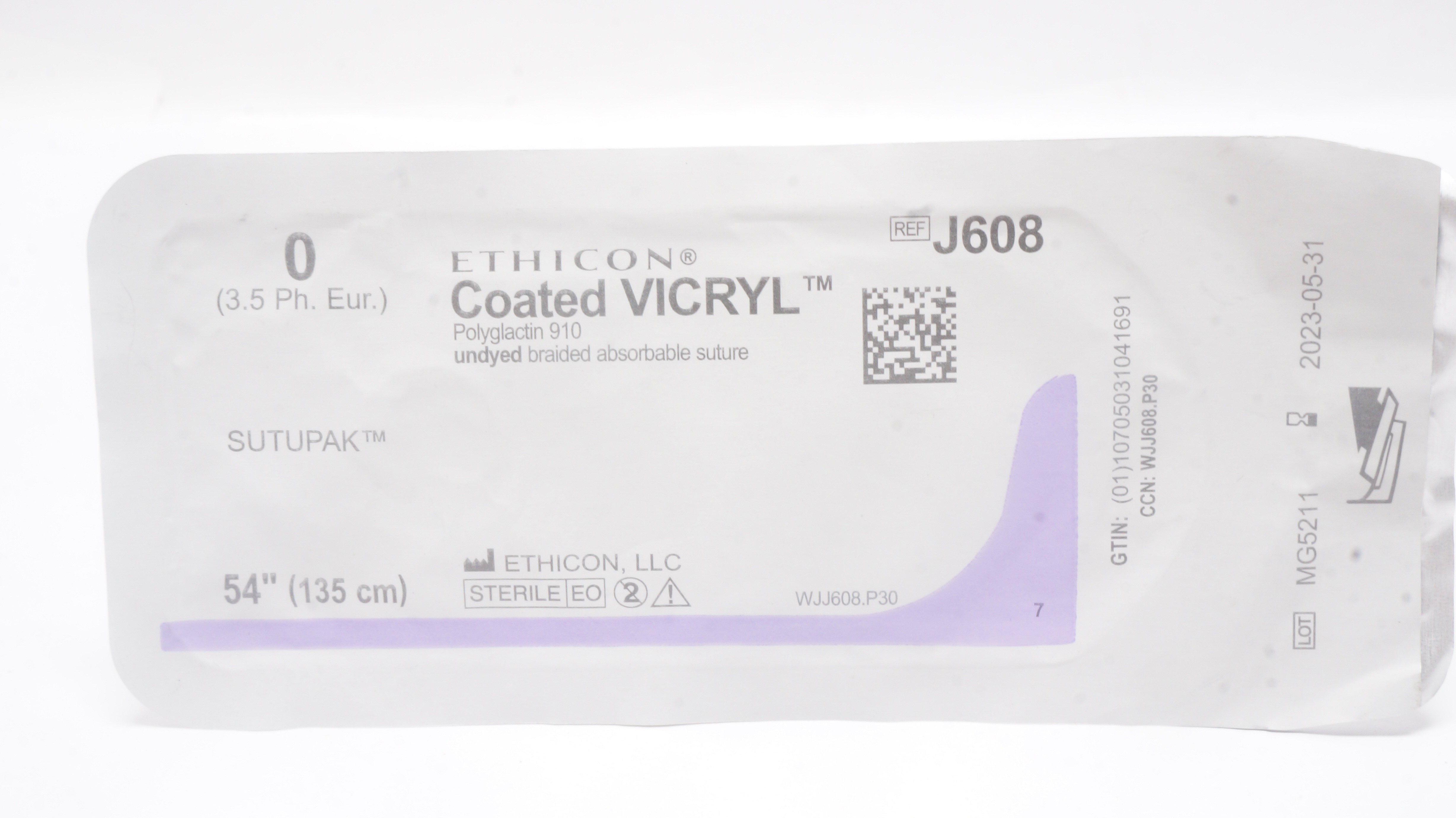 Ethicon J608 0 Coated VICRYL Undyed Braided, 54inch (x)