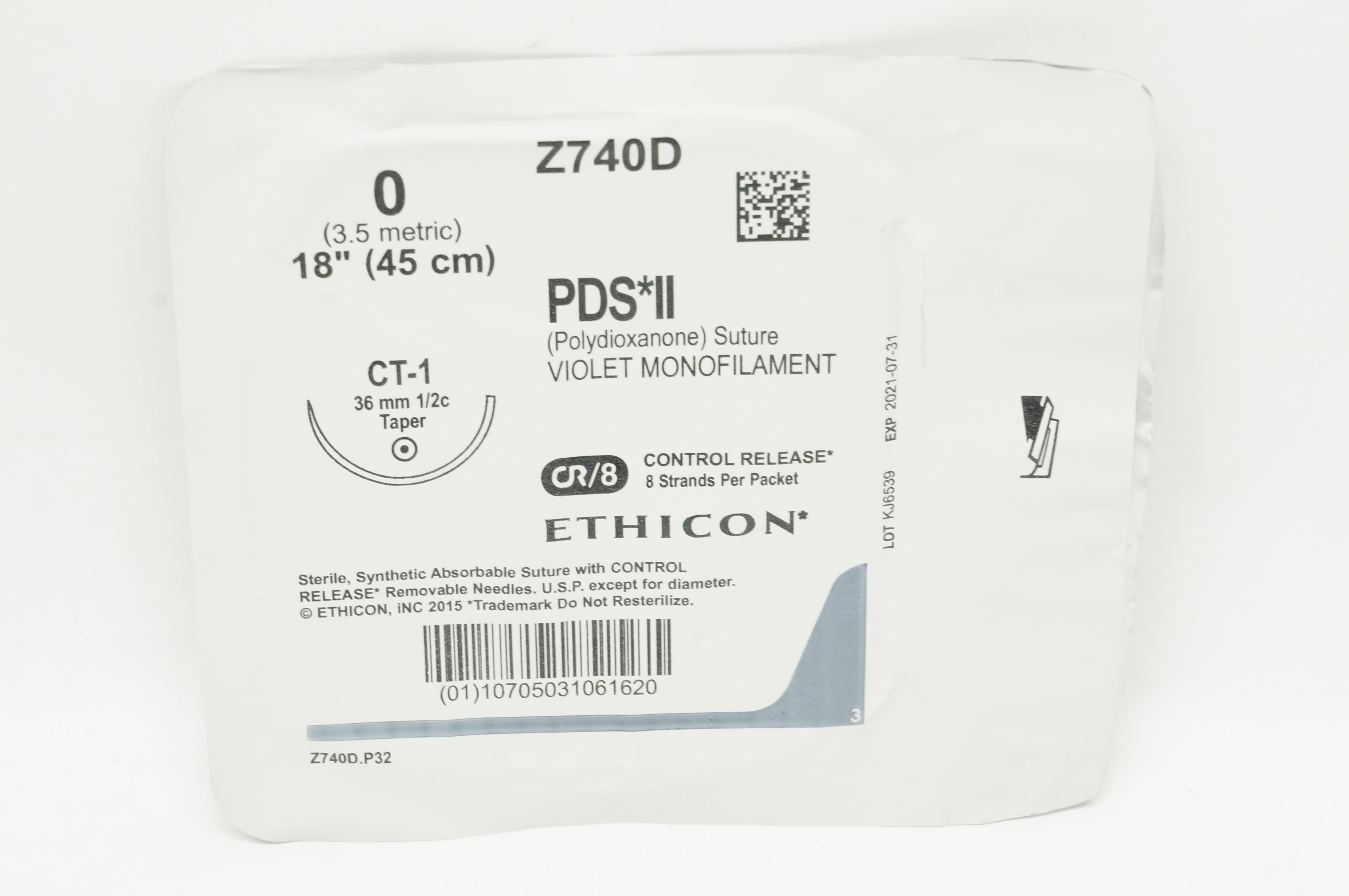 Ethicon Z740D 0 PDS II Polydioxanone Stre CT-1 36mm 1/2c Taper 18inch (x)