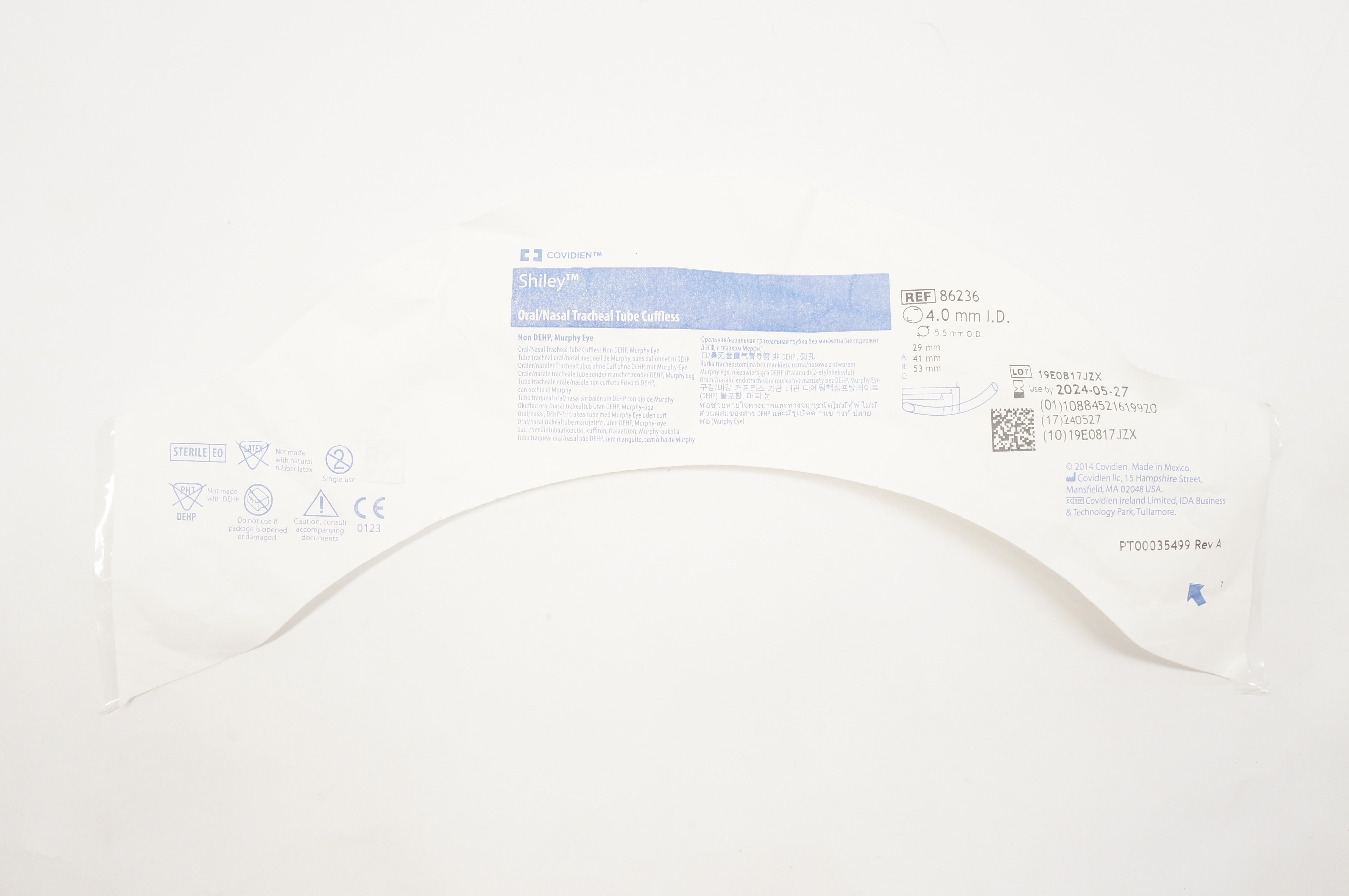 Covidien 86236 Shiley Oral/Nasal Tracheal Tube Cuffless 4.0m ID x 5.5mm OD