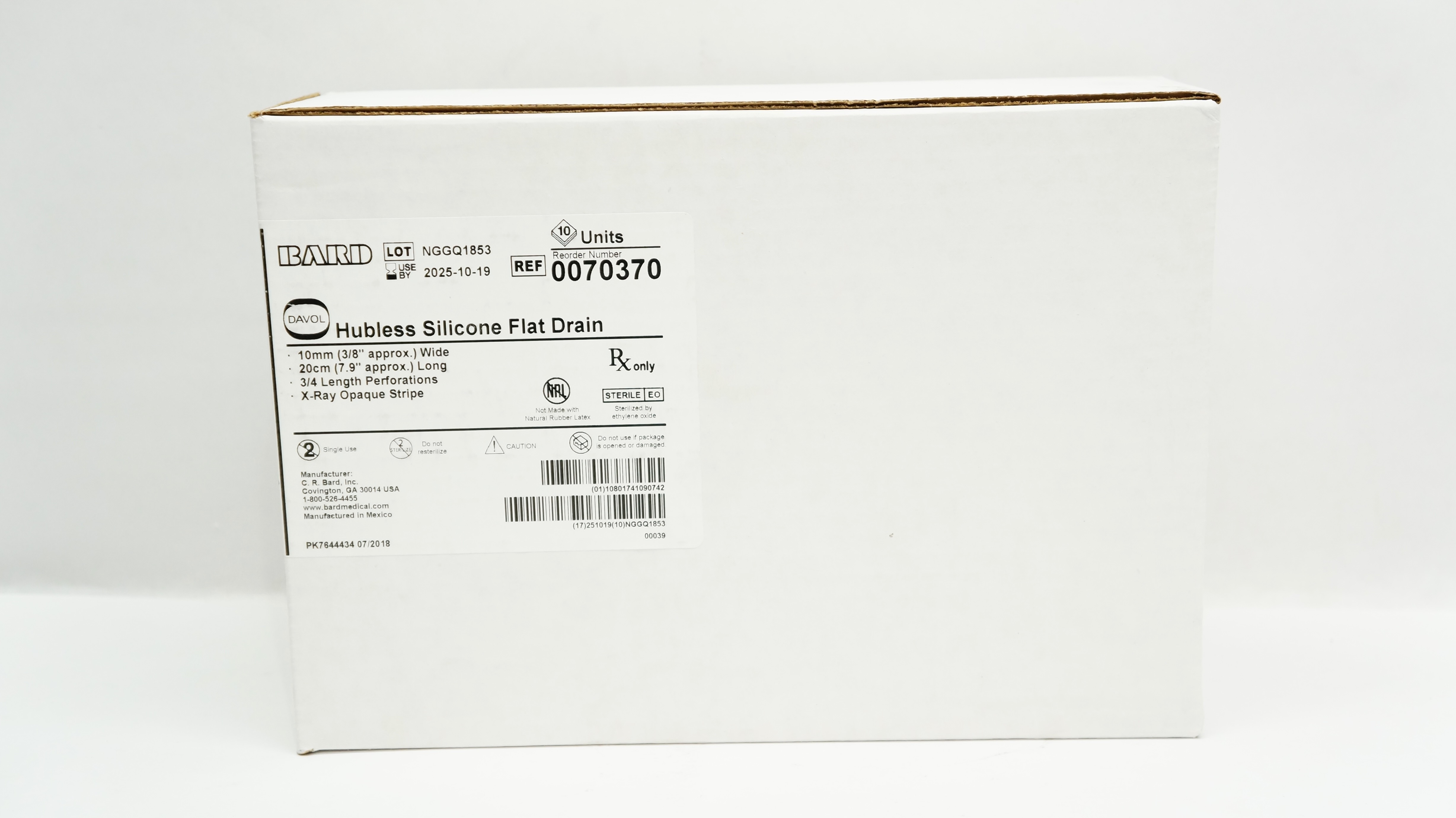 Bard 0070370 Davol Hubless Silicone Flat Drain 3/8inch x 7.9inch - Box of 10