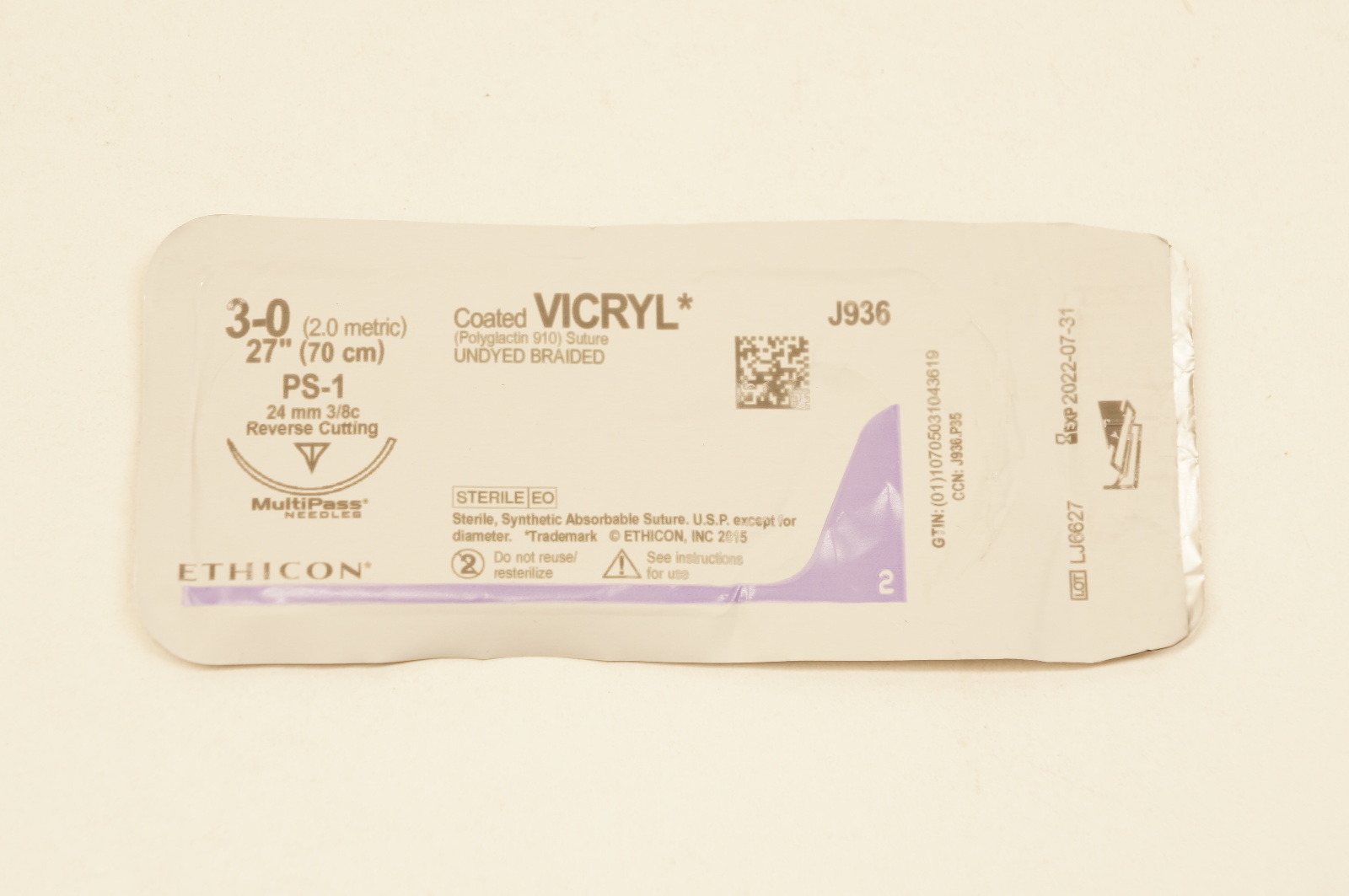 Ethicon J936 3-0 VICRYL, PS-1, 24mm 3/8c Reverse Cutting, 27inch