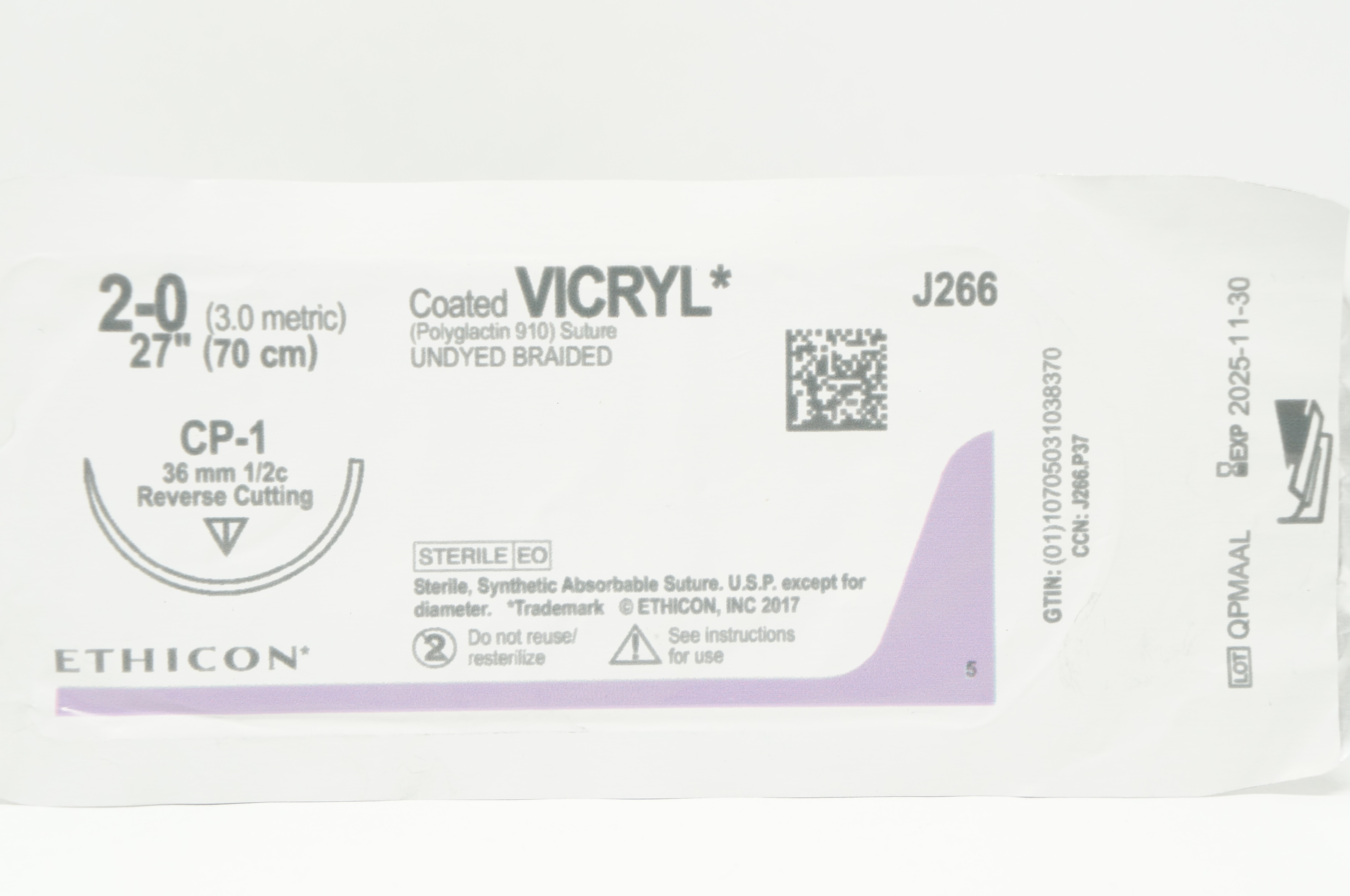 Ethicon J266 2-0 VICRYL CP-1 36mm 1/2c Reverse Cutting 27inch