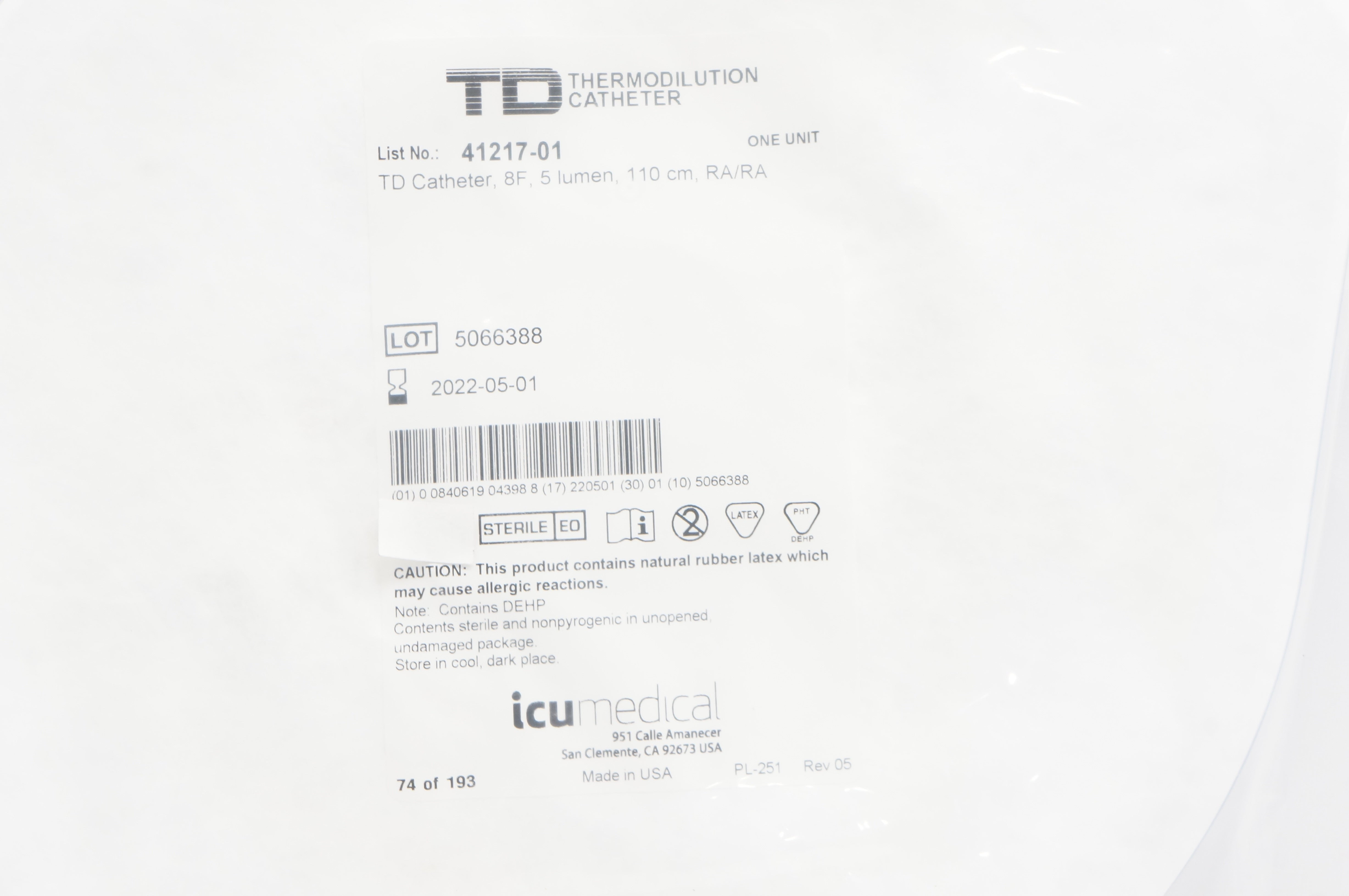 ICU Medical 41217-01 TD Thermodilution Cath. 5 Lumen 8F x 110cm (x)