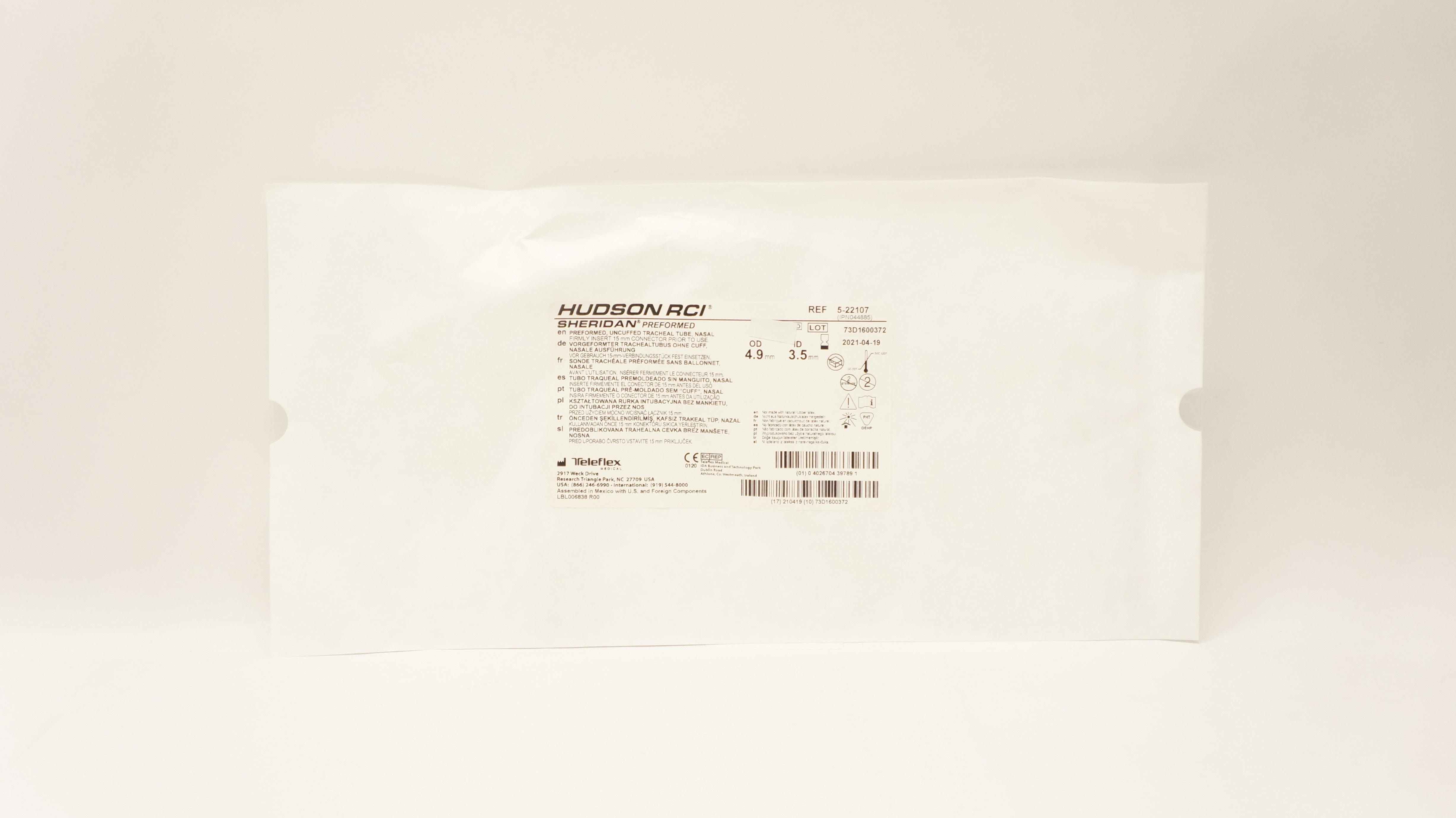 Teleflex 5-22107 Hudson RCI Sheridan Preformed Tracheal Tube 3.5mm x 4.9mm (x)