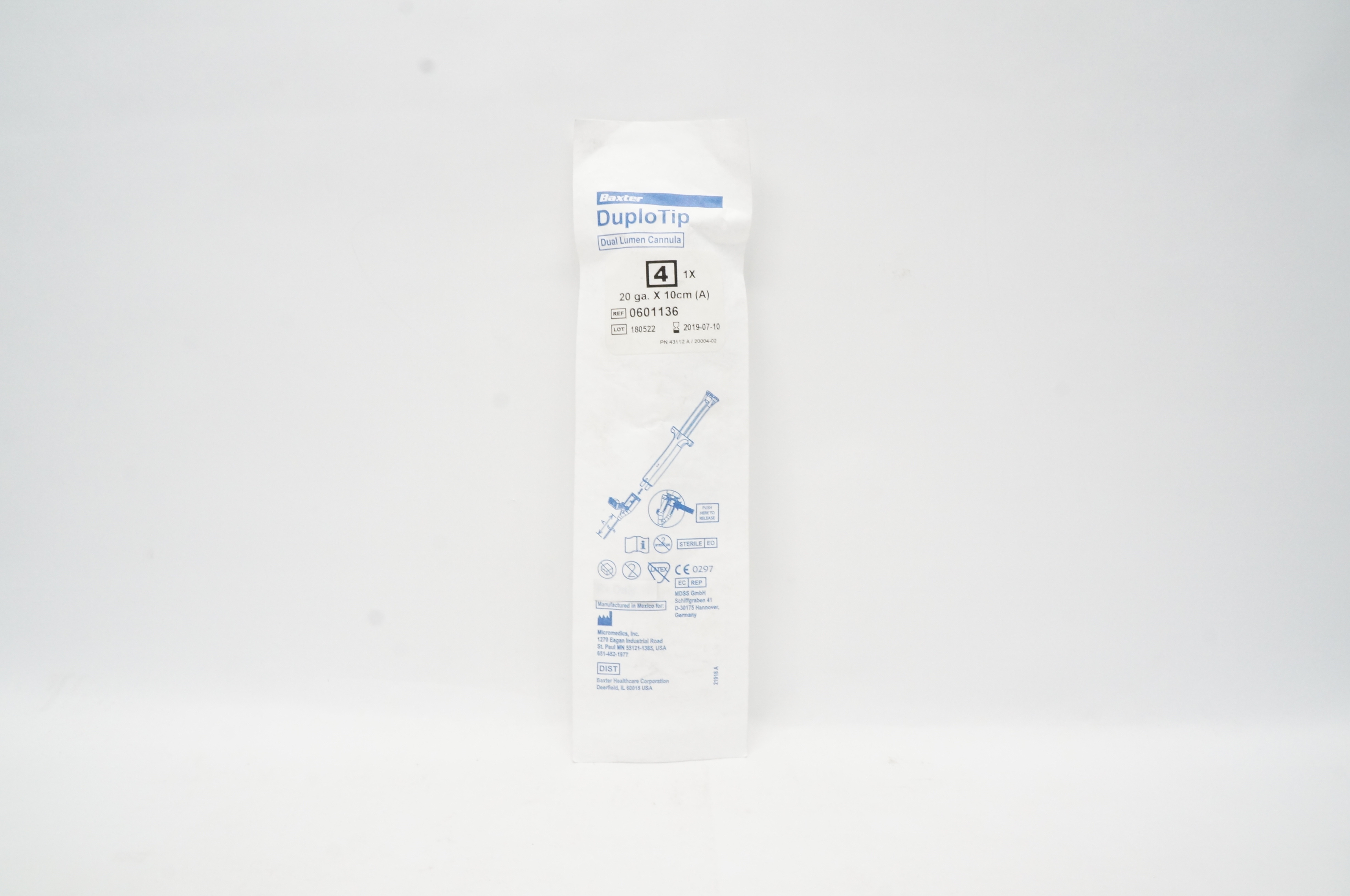 Baxter 0601136 DuploTip Dual Lumen Cannula 20 ga. x 10cm (x)