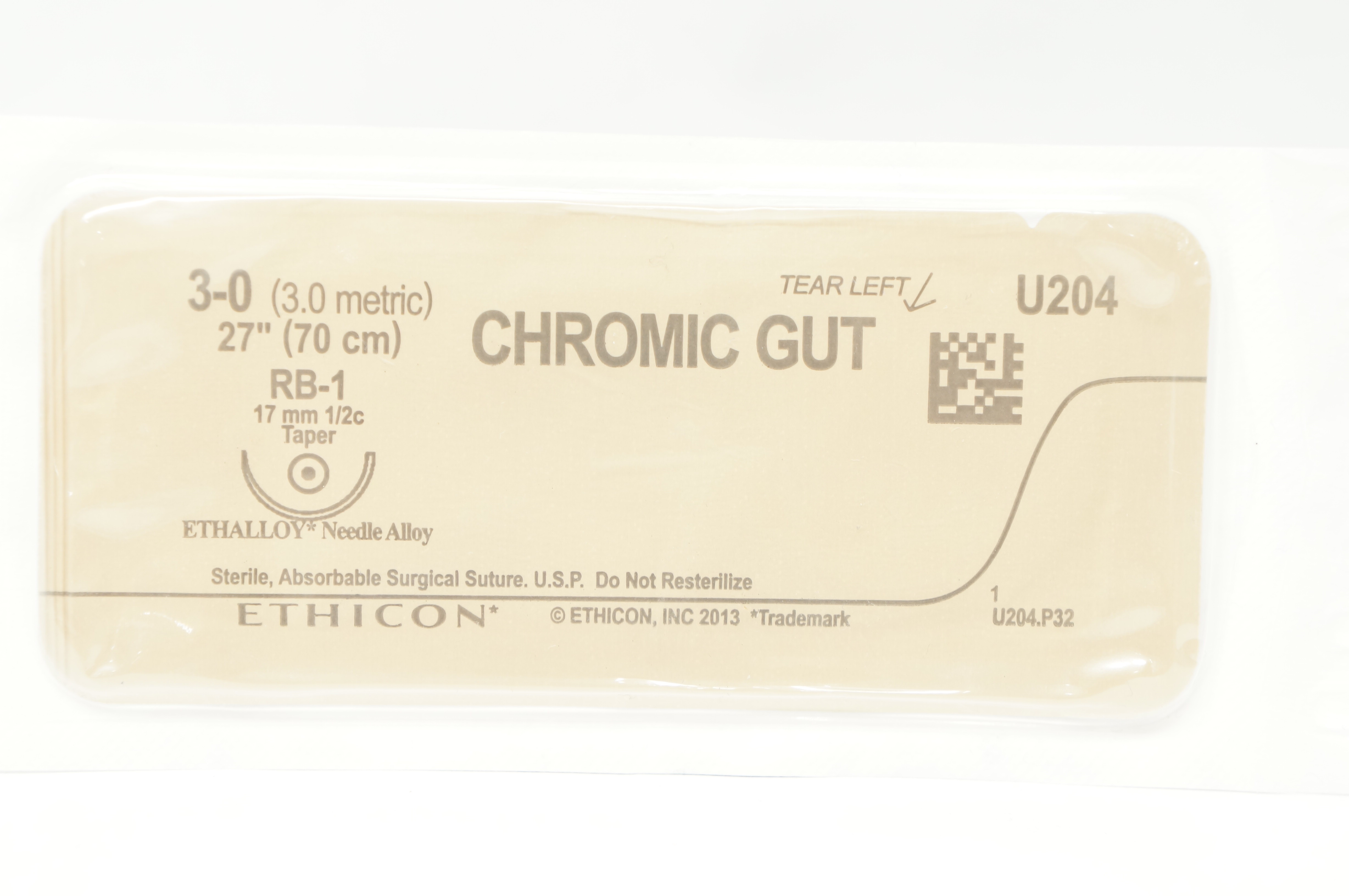 Ethicon U204 3-0 CHROMIC GUT RB-1 17mm 1/2c Taper 27inch