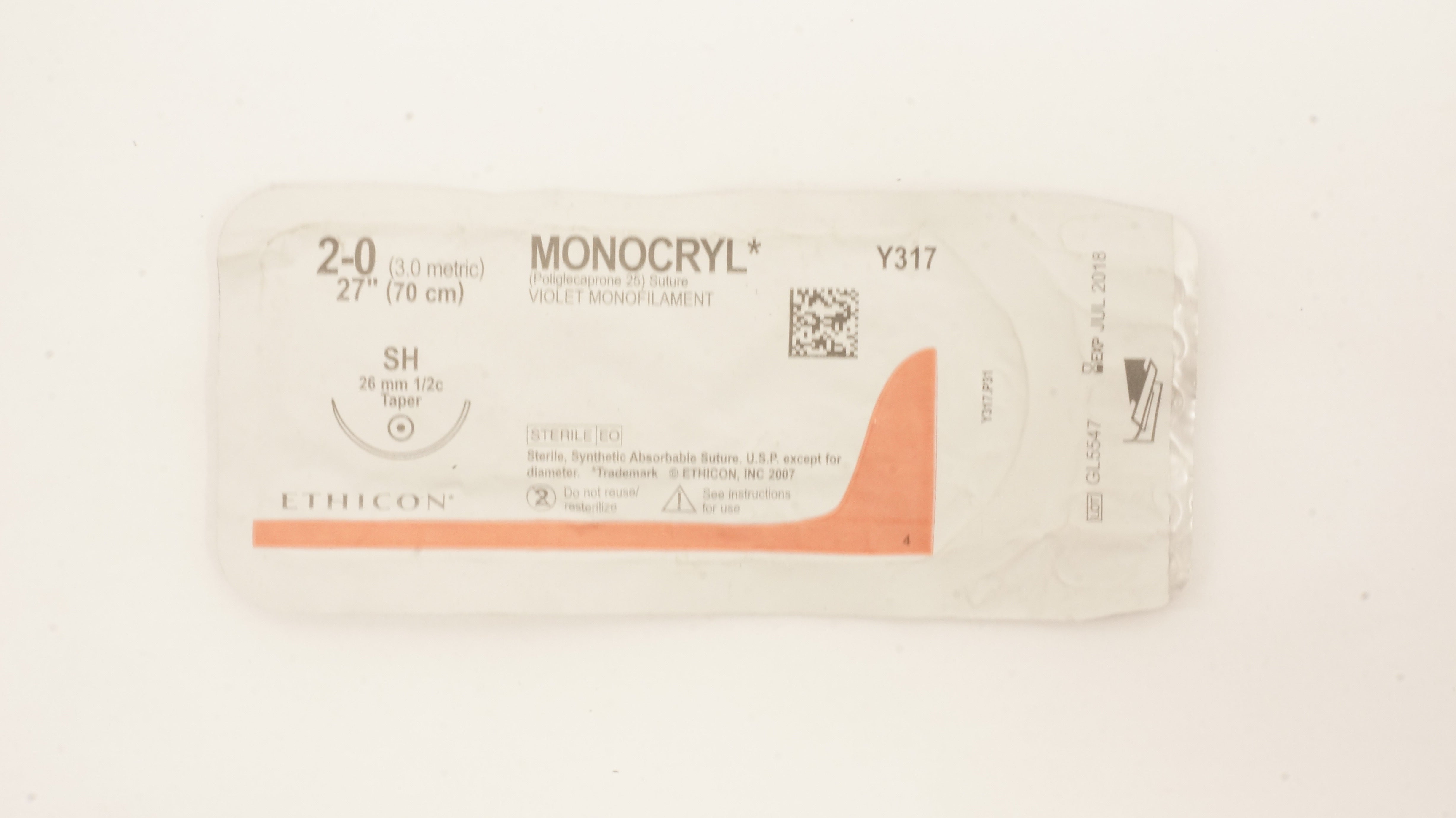 Ethicon Y317 2-0 MONOCRYL Stre SH 26mm 1/2c Taper, 27inch (x)