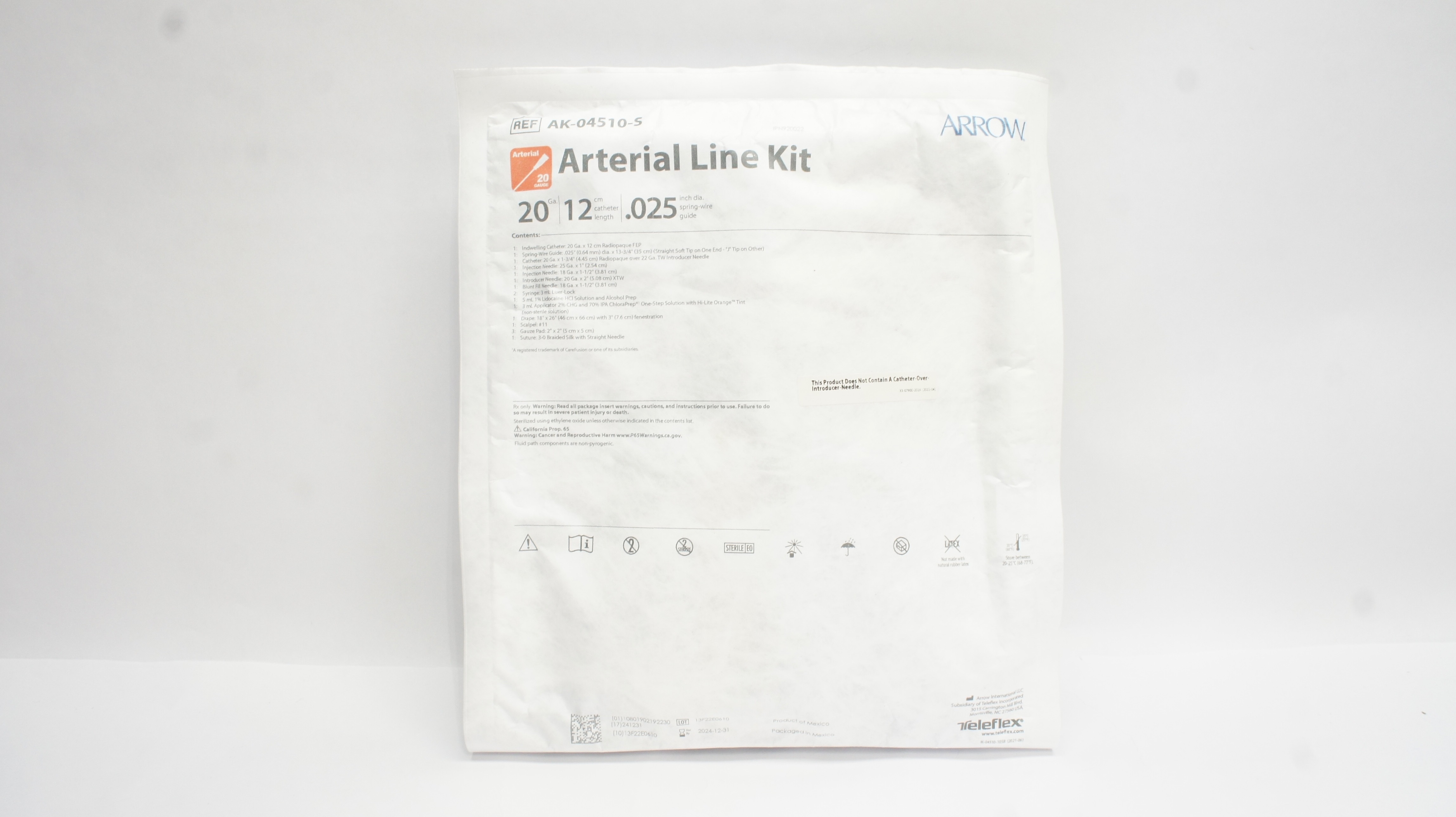 Arrow AK-04510-S Arterial Line Kit 20Ga x 12cm x .025 inch