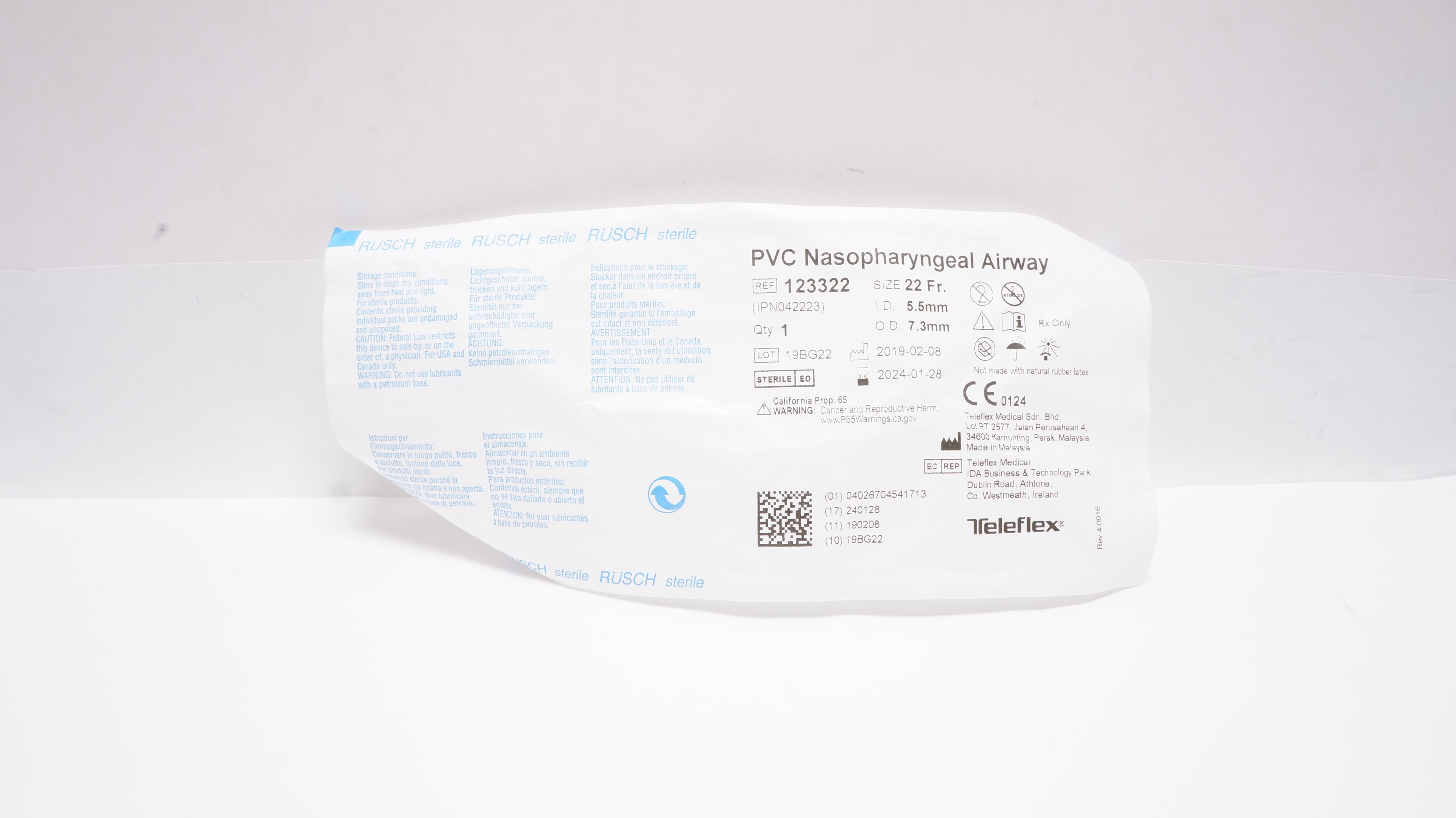 Teleflex 123322 PVC Nasopharyngeal Airway 22Fr. x 5.5mm I.D. x 7.3mm O.D.