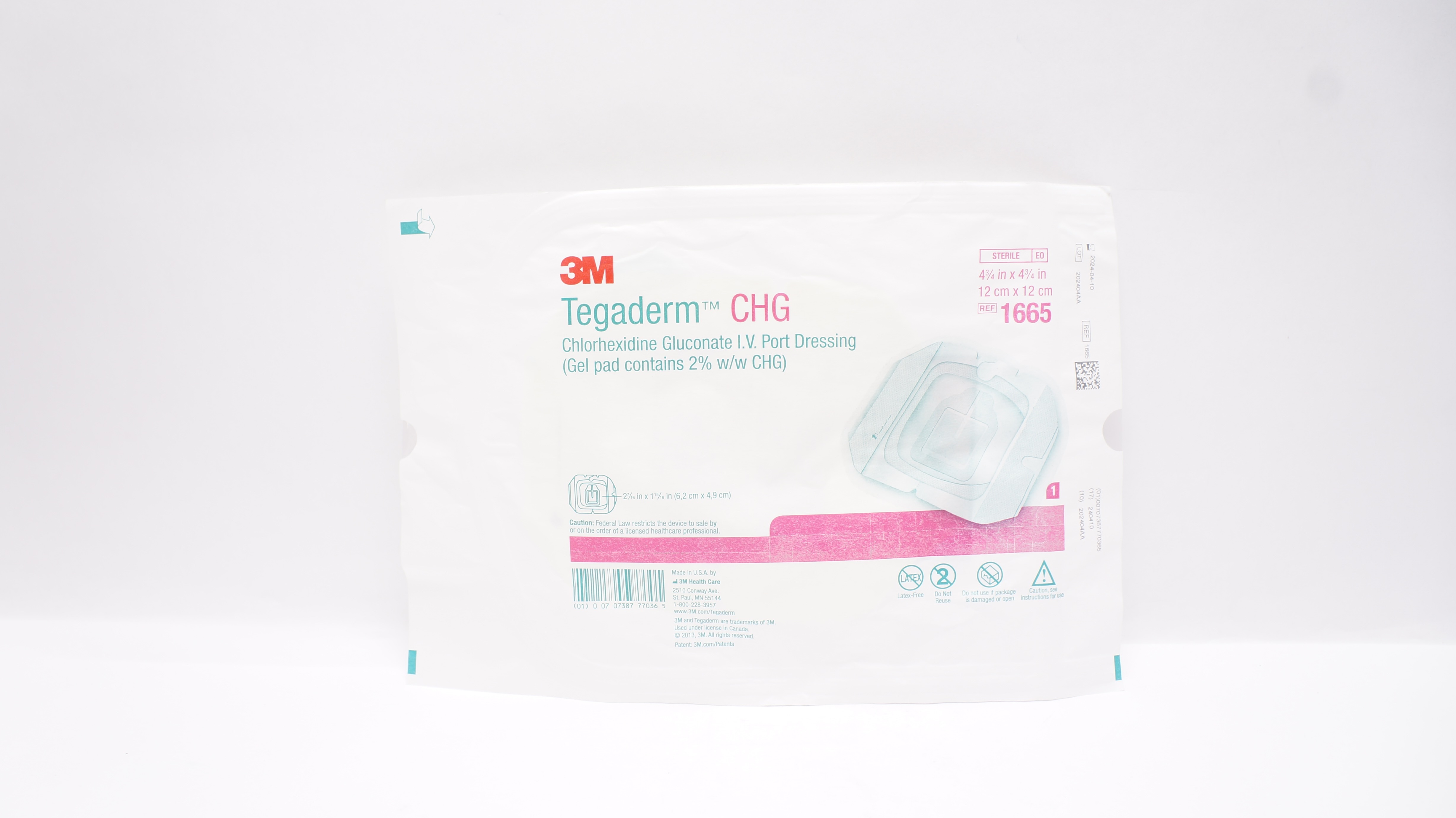 3M 1665 Tegaderm Chlorhexidine Gluconate IV Port Dressing 4-3/4 x 4-3/4inch (x)