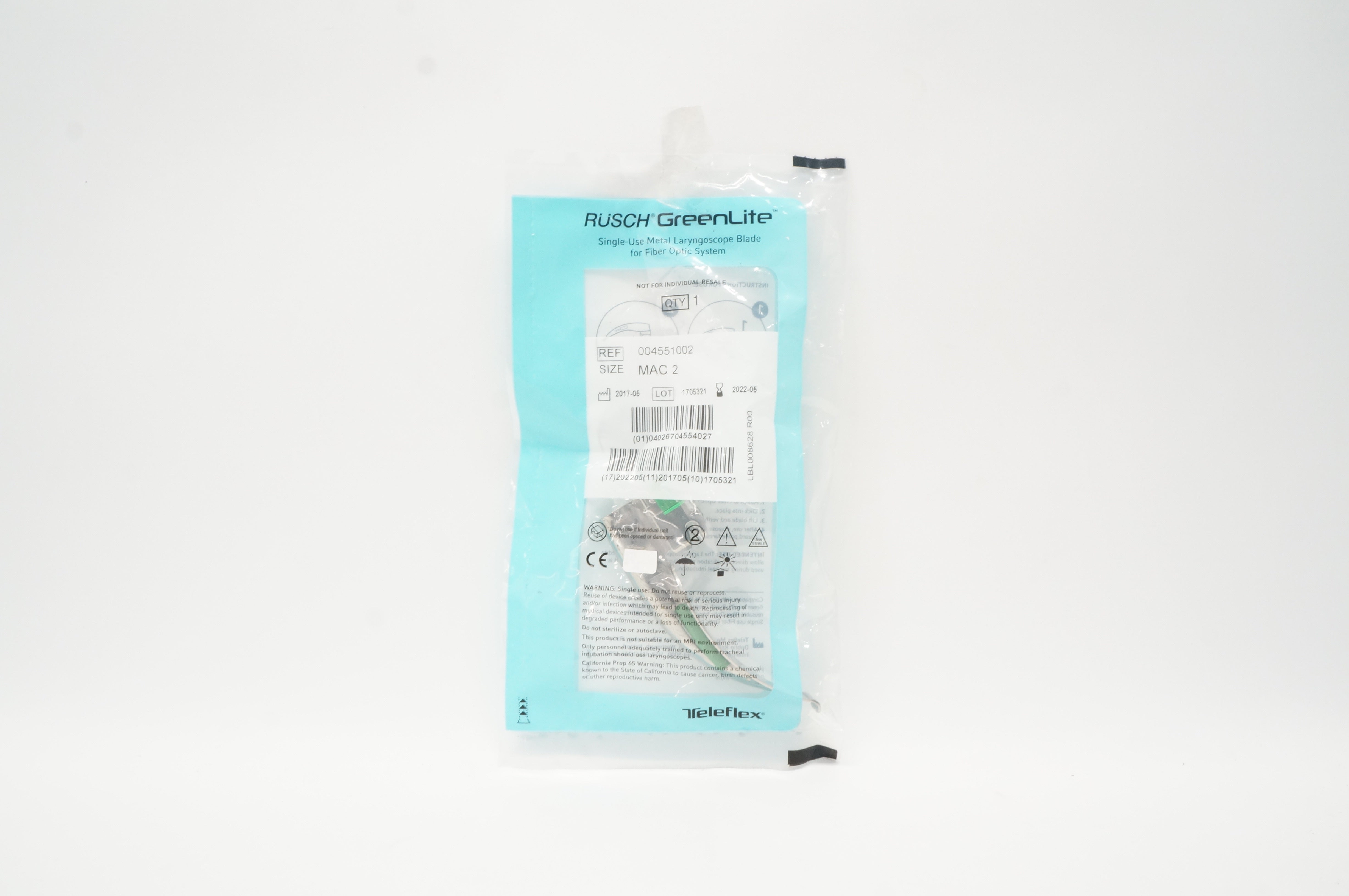 Teleflex 004551002 Rusch GreenLite Secure Metal Laryngoscope Blade, Size MAC 2