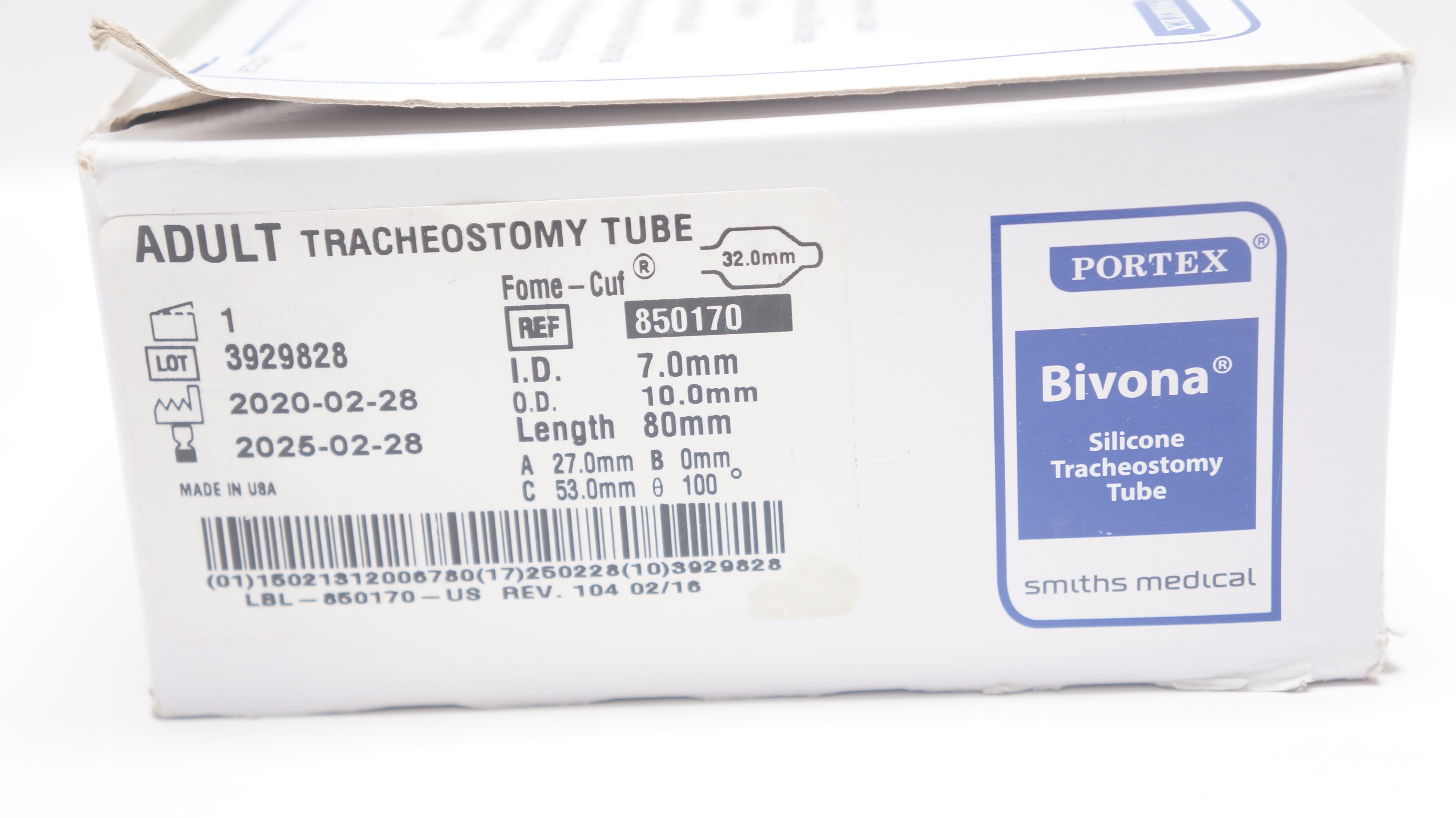 Smiths Medical 850170 Portex Adult Tracheostomy Tube 7.0ID x 10.0OD x 80mm