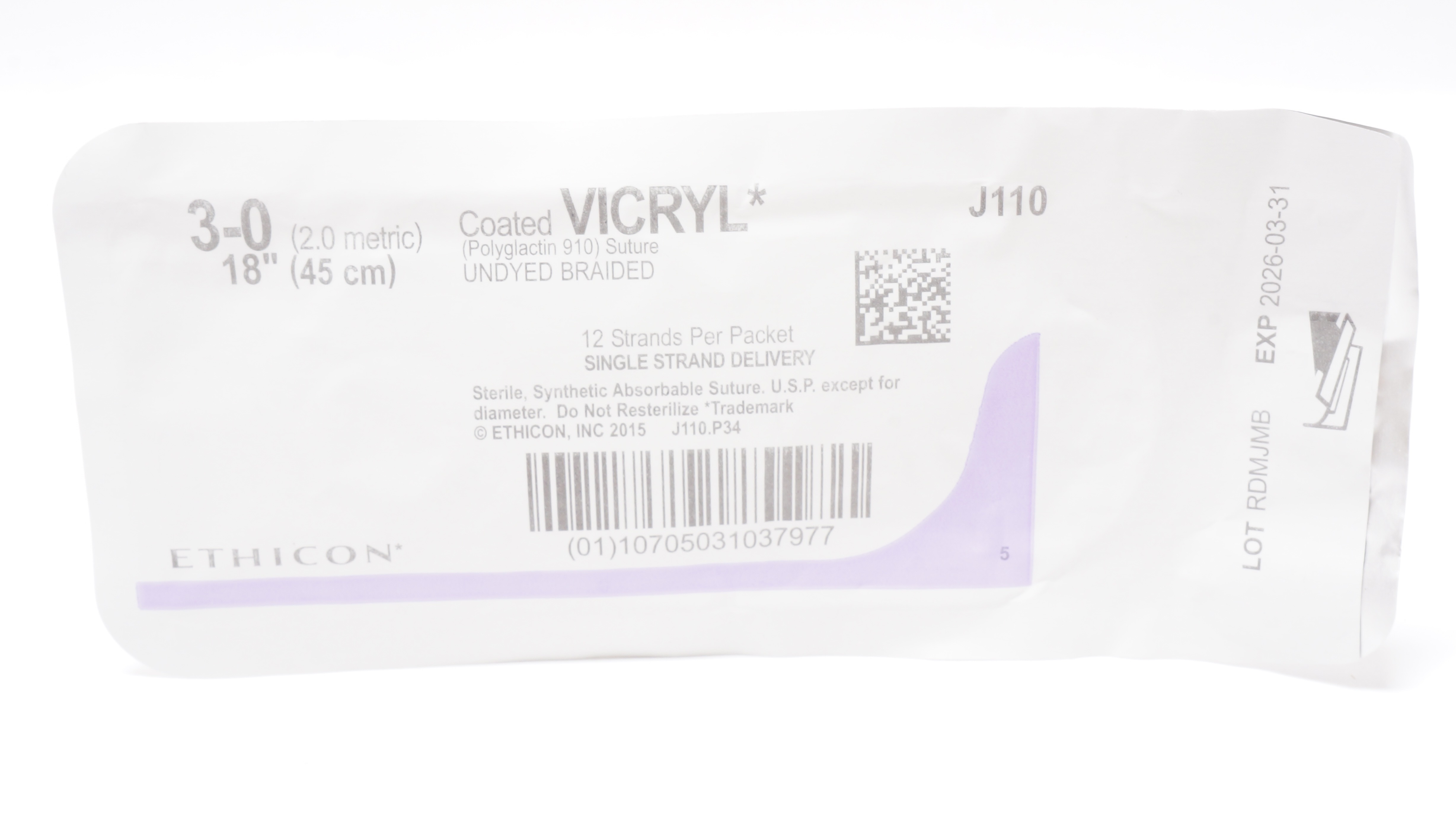Ethicon J110 3-0 Coated VICRYL Polyglactin 910 Stre Undyed Braided, 18inch