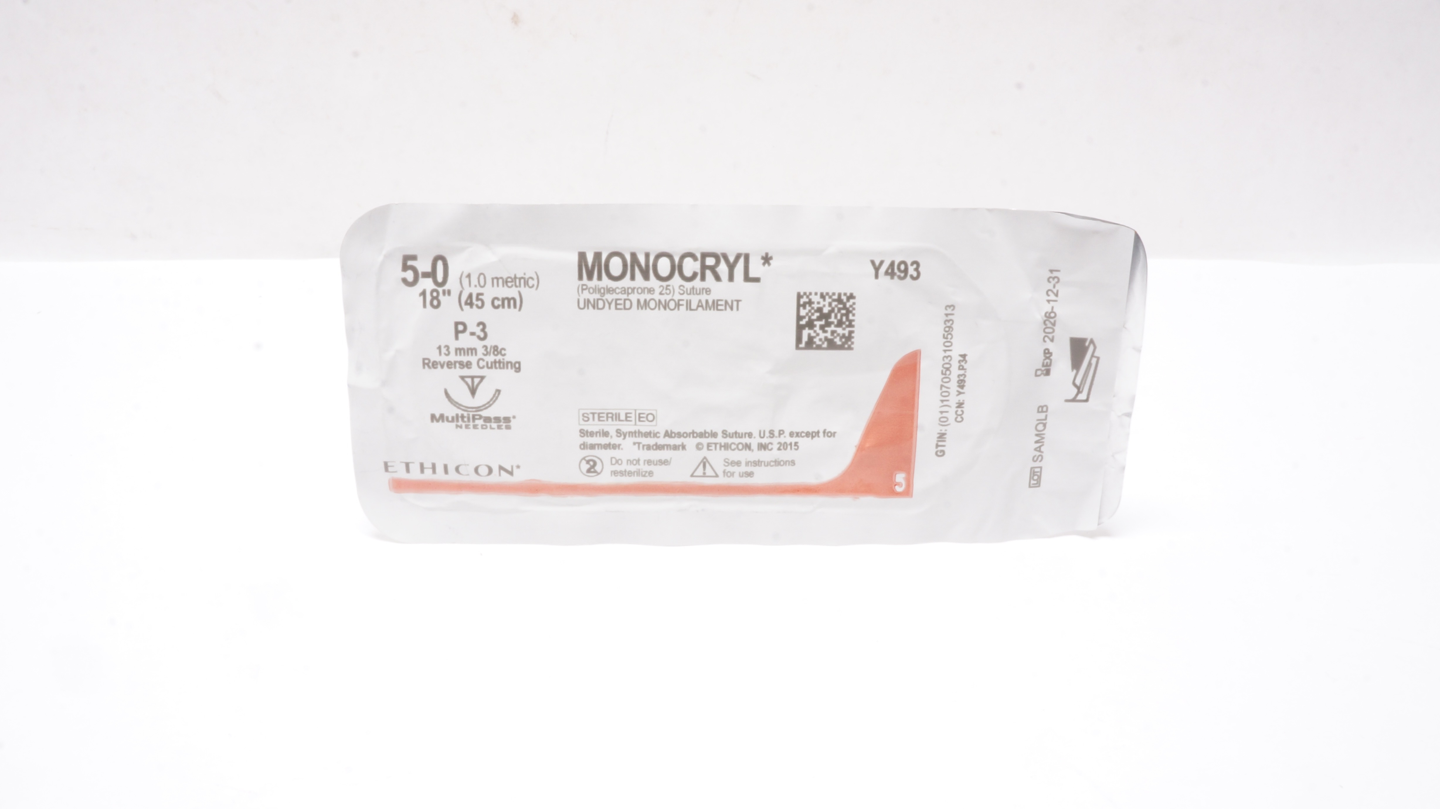Ethicon Y493 5-0 MONOCRYL Undyed Monofilament P-3 13mm 3/8c Reverse Cutting18in.