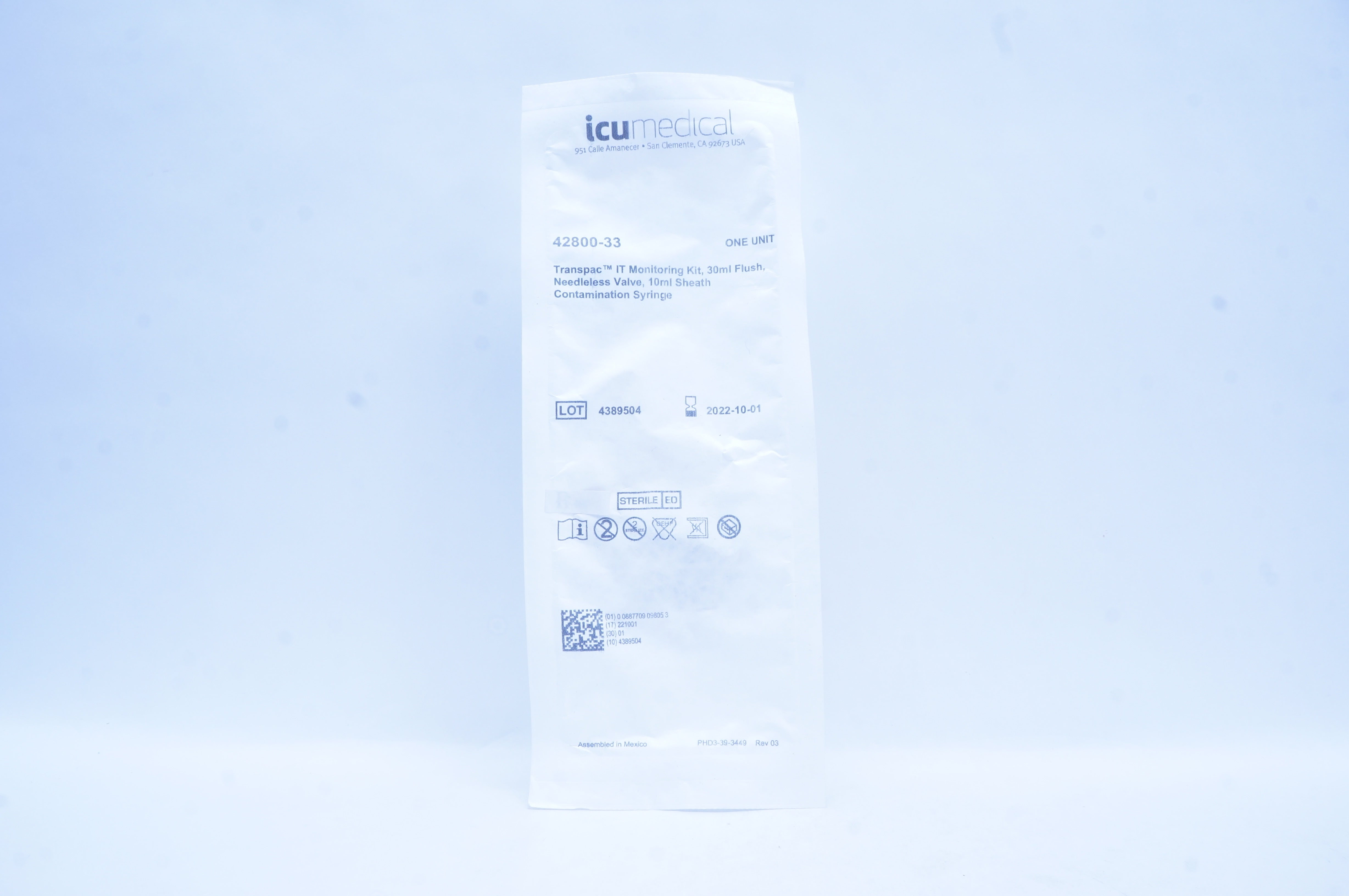 ICU Medical 42800-33 Transpac IT Monitoring Kit, 30mL Flush, Ndleless Valve