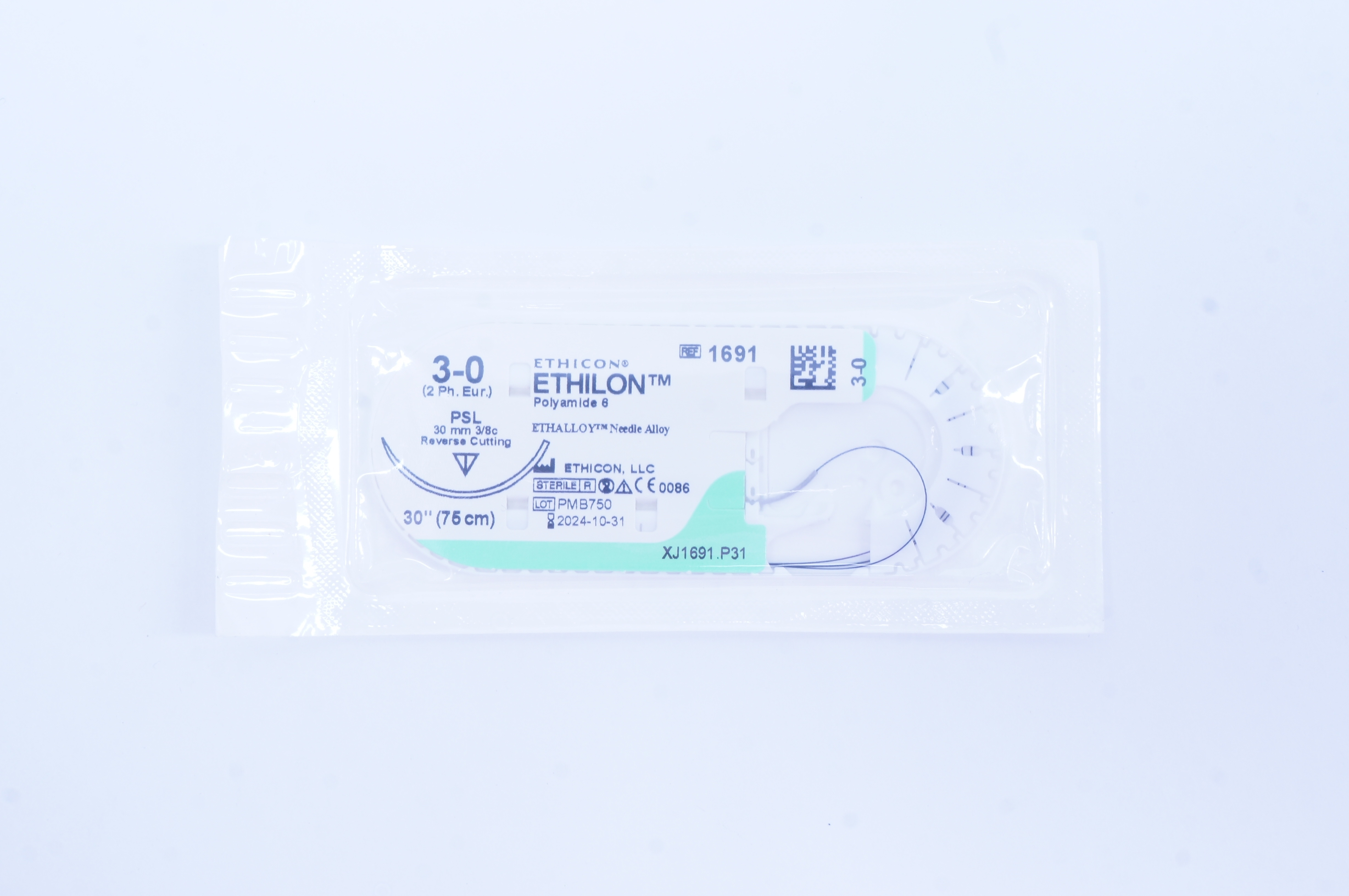 Ethicon 1691 3-0 ETHILON, PSL, 30mm 3/8c Reverse Cutting, 30inch