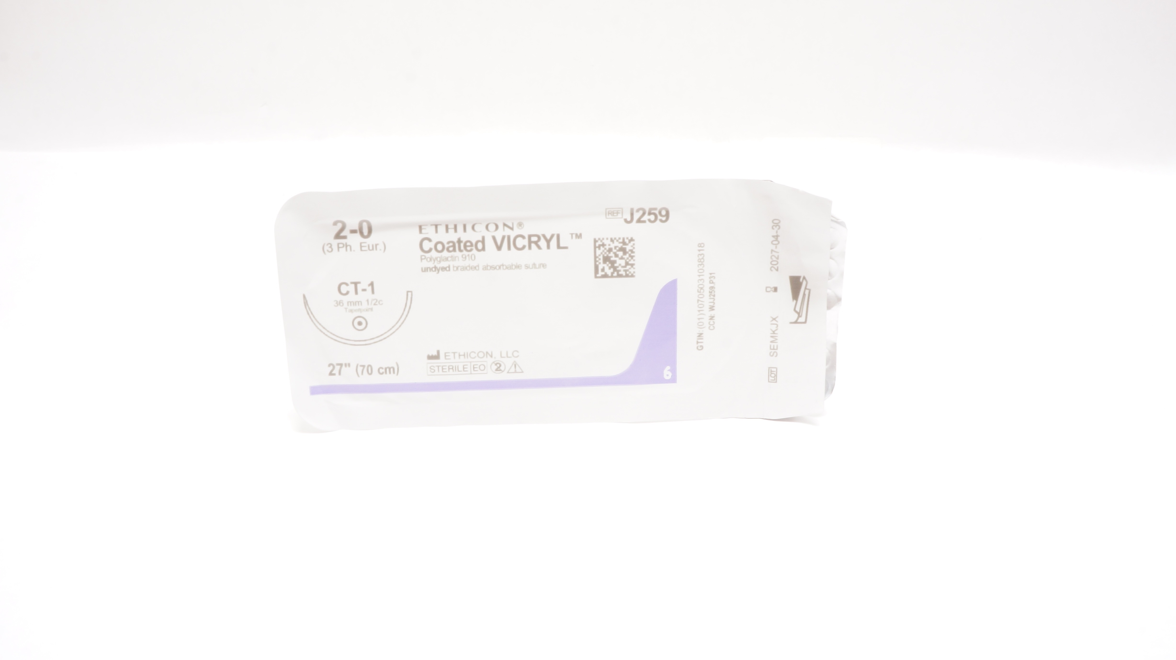 Ethicon J259 2-0 Coated VICRYL Polyglactin Stre CT-1 36mm 1/2c Taperpoint 27inch