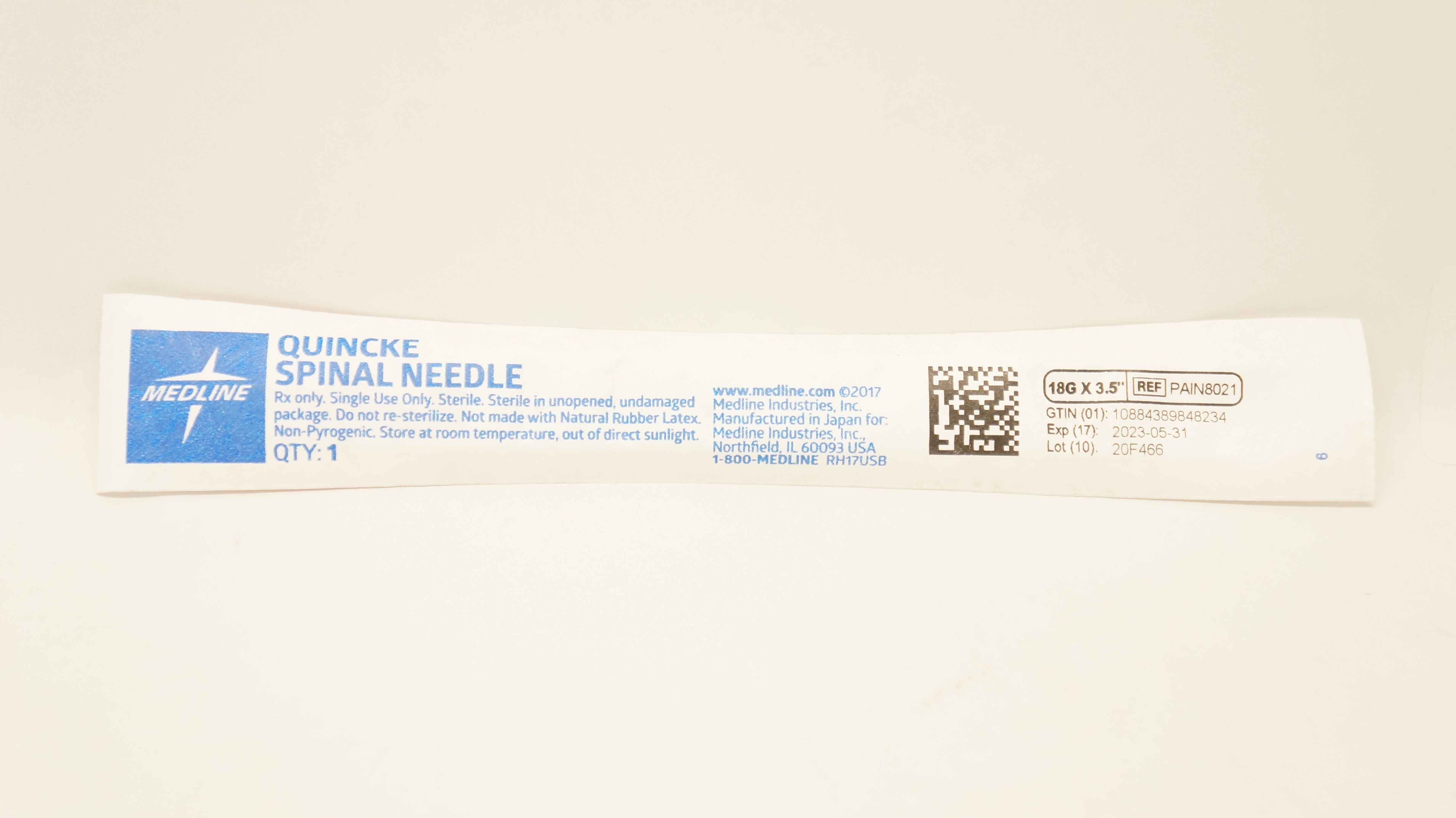 Medline PAIN8021 Quincke Spinal Ndle 18G x 3.5inch
