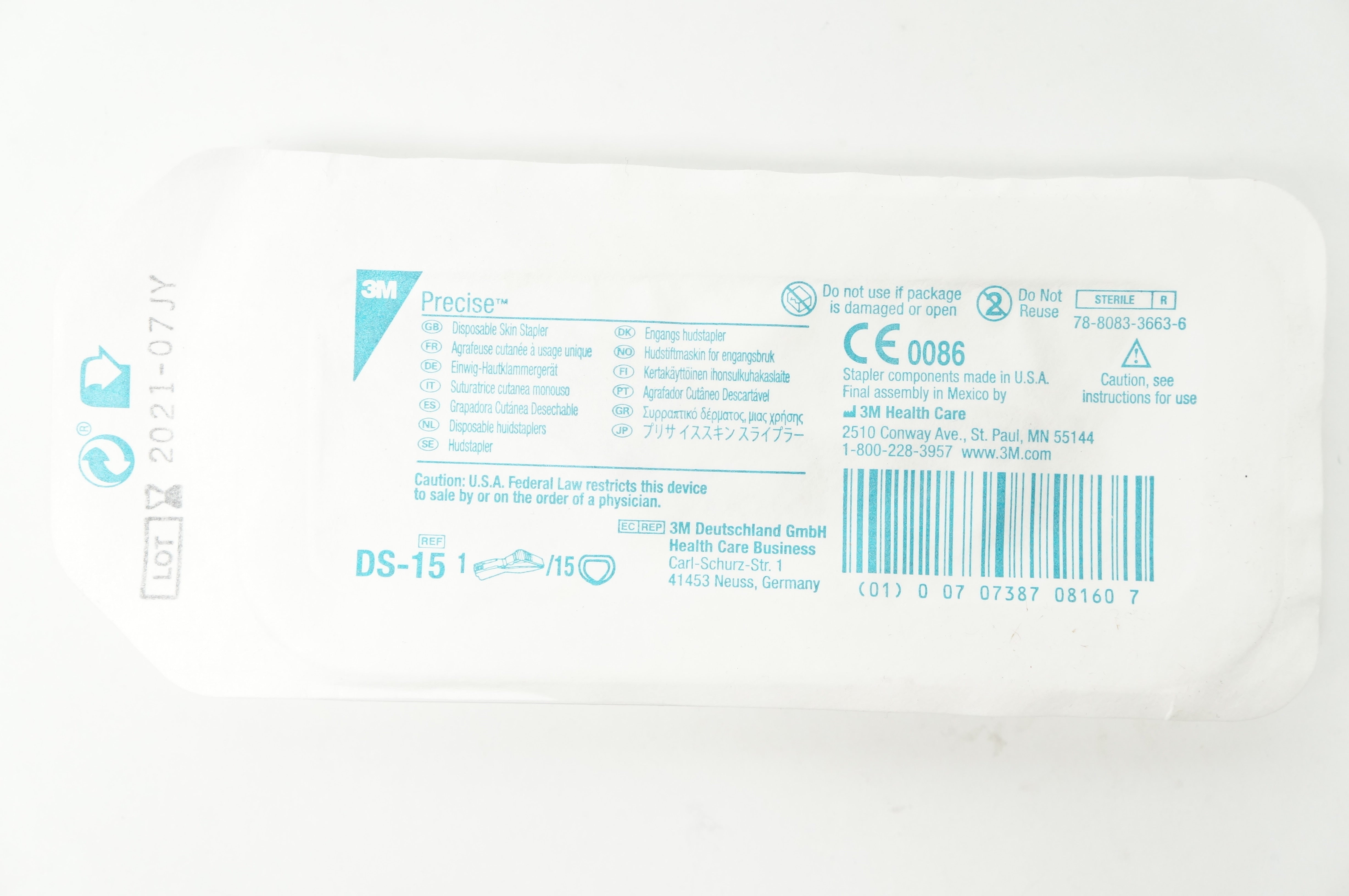 3M DS-15 Precise Disposable Skin Stapler - Pack of 15 (x)