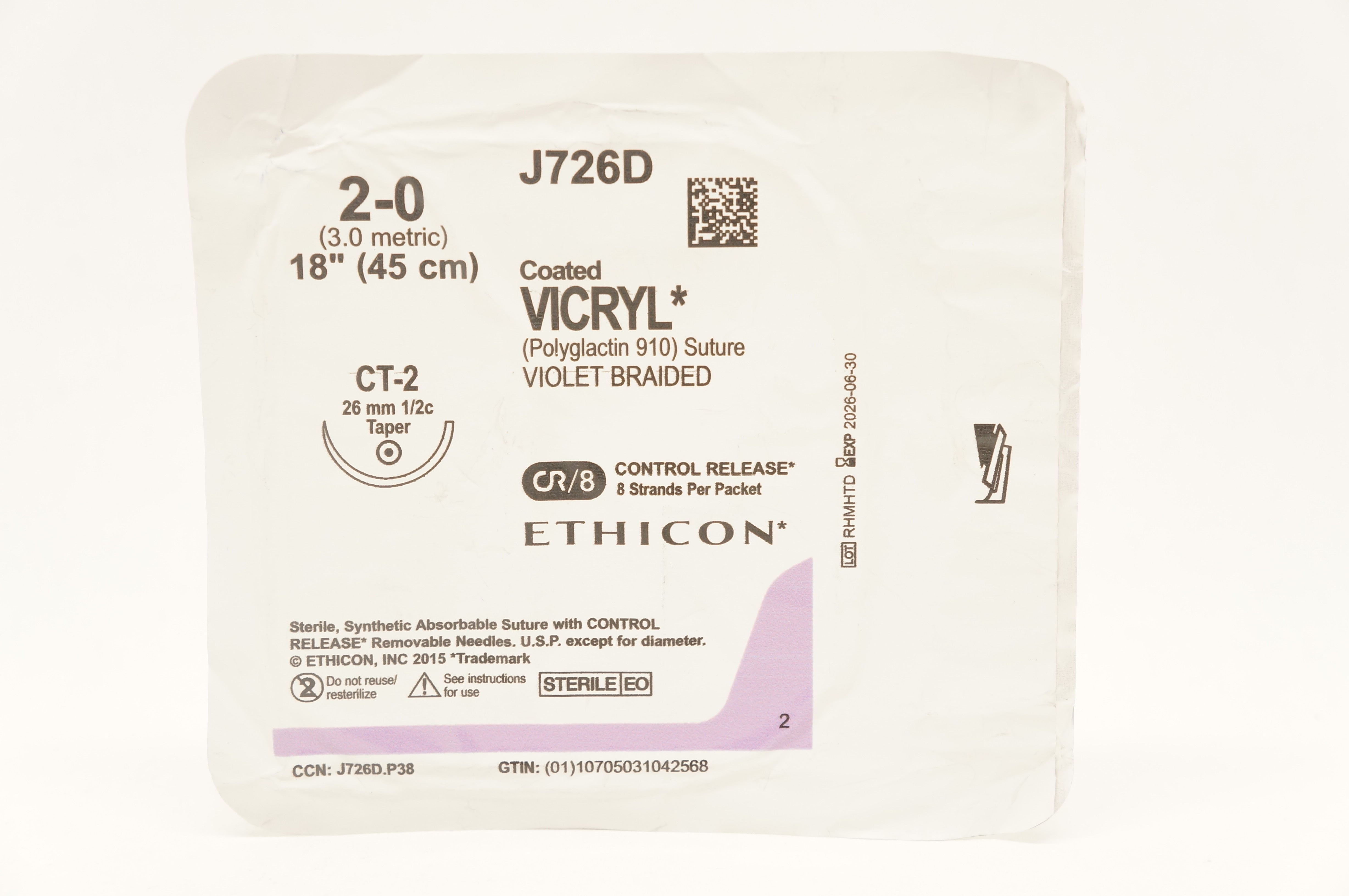 Ethicon J726D 2-0 Coated VICRYL Polyglactin Stre CT-2 26mm 1/2c Taper, 18inch