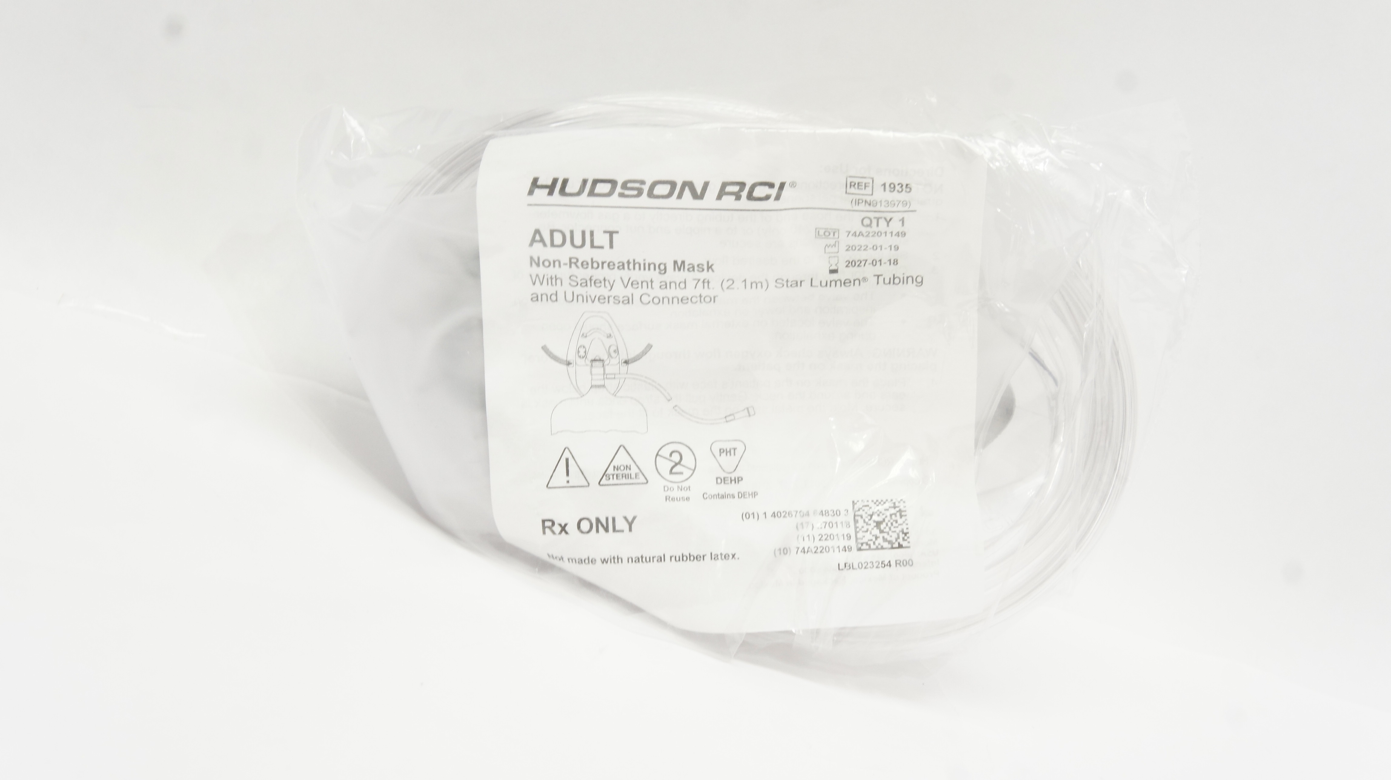 Teleflex 1935 Hudson RCI Adult Non-Rebreathing Oxygen Mask With 7ft. Tubing