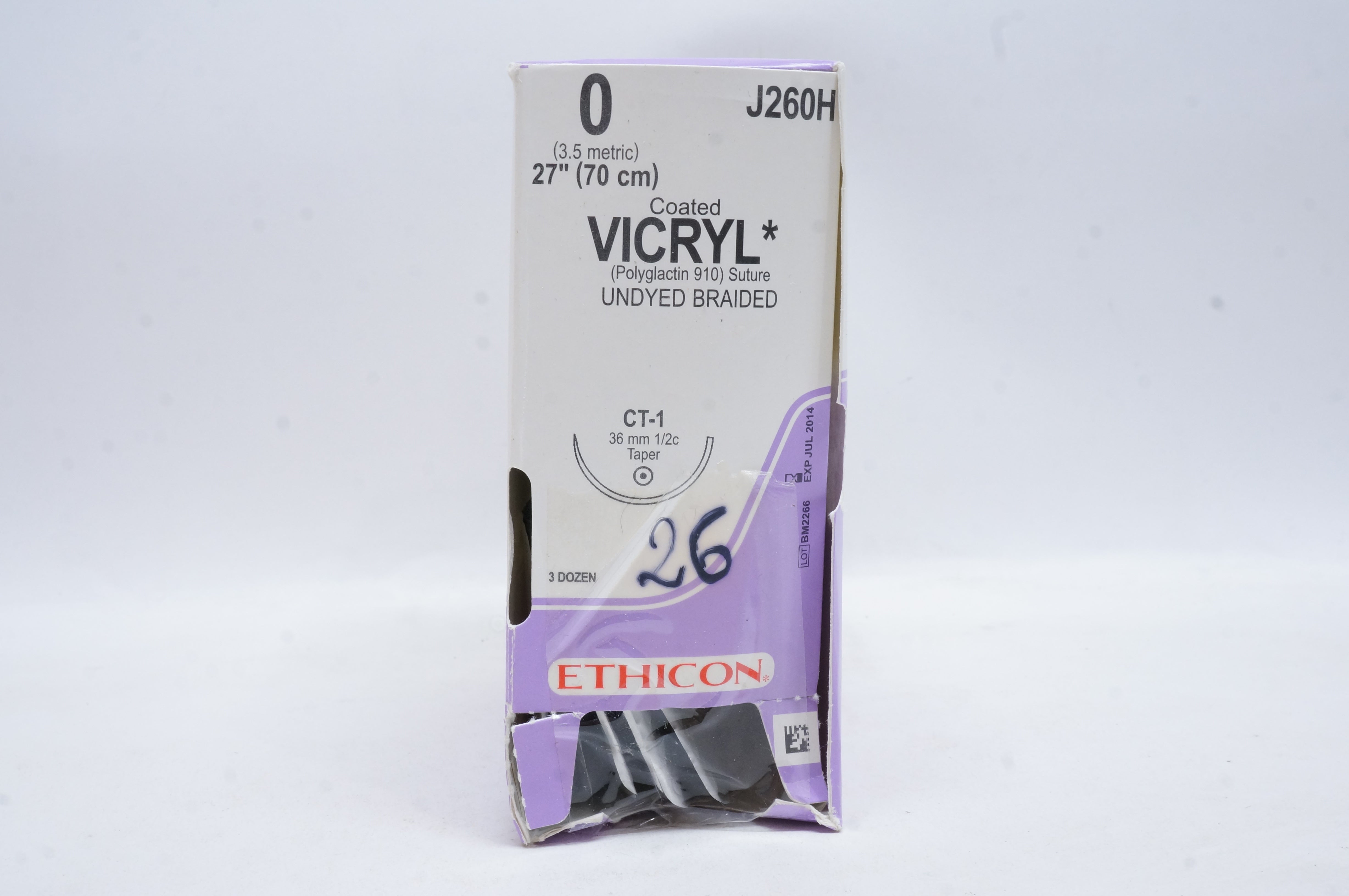 Ethicon J260H 0 VICRYL, CT-1, 36mm 1/2c Taper, 27inch (x) - Box of 26