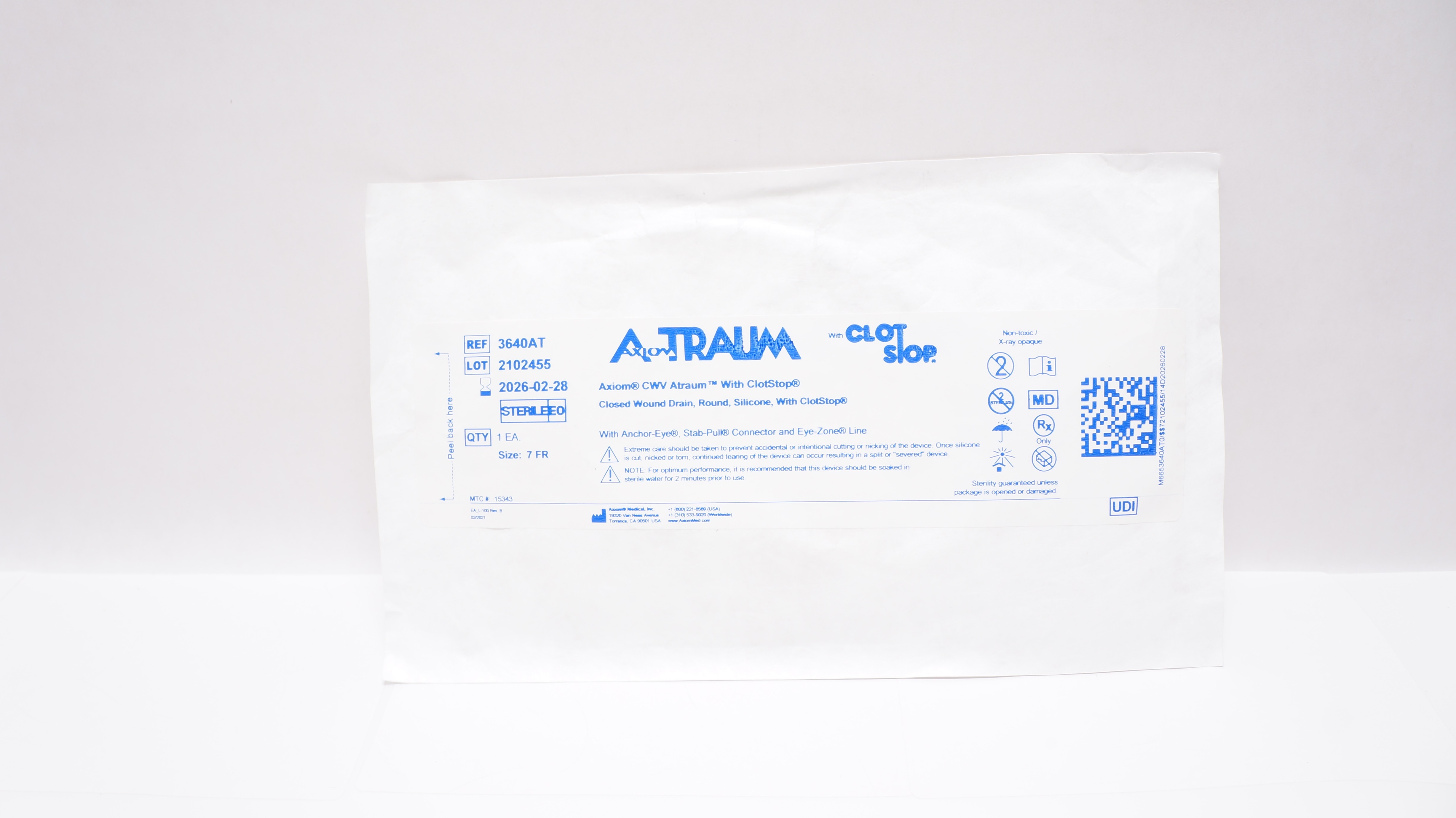 Axiom Traum 3640AT CWV Closed Wound Drain, Round Silicone w/ClotStop 7Fr