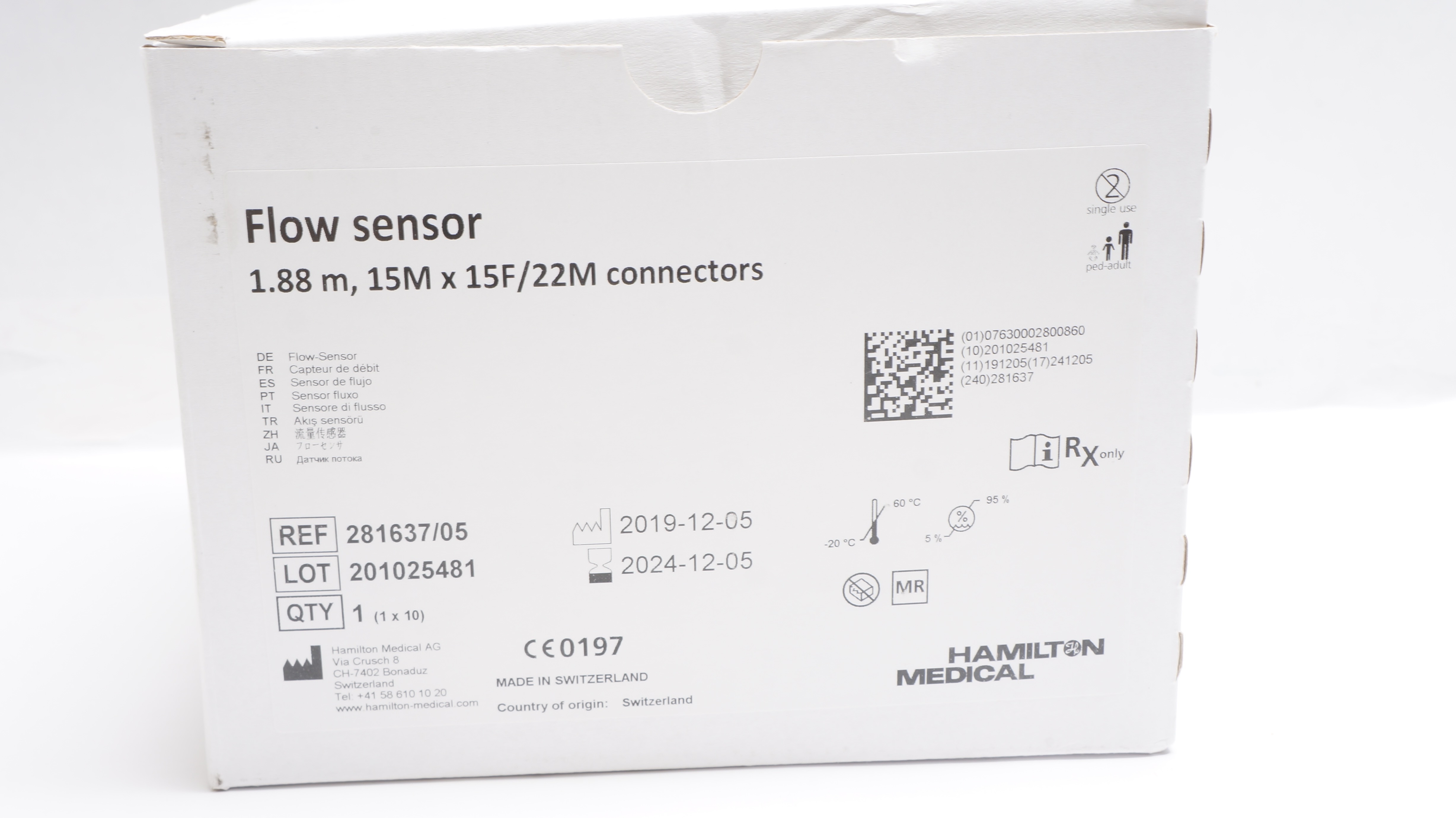 mo ページ Hamilton Medical 281637/05 Flow Sensor 1.88m,15M x 15F/22M