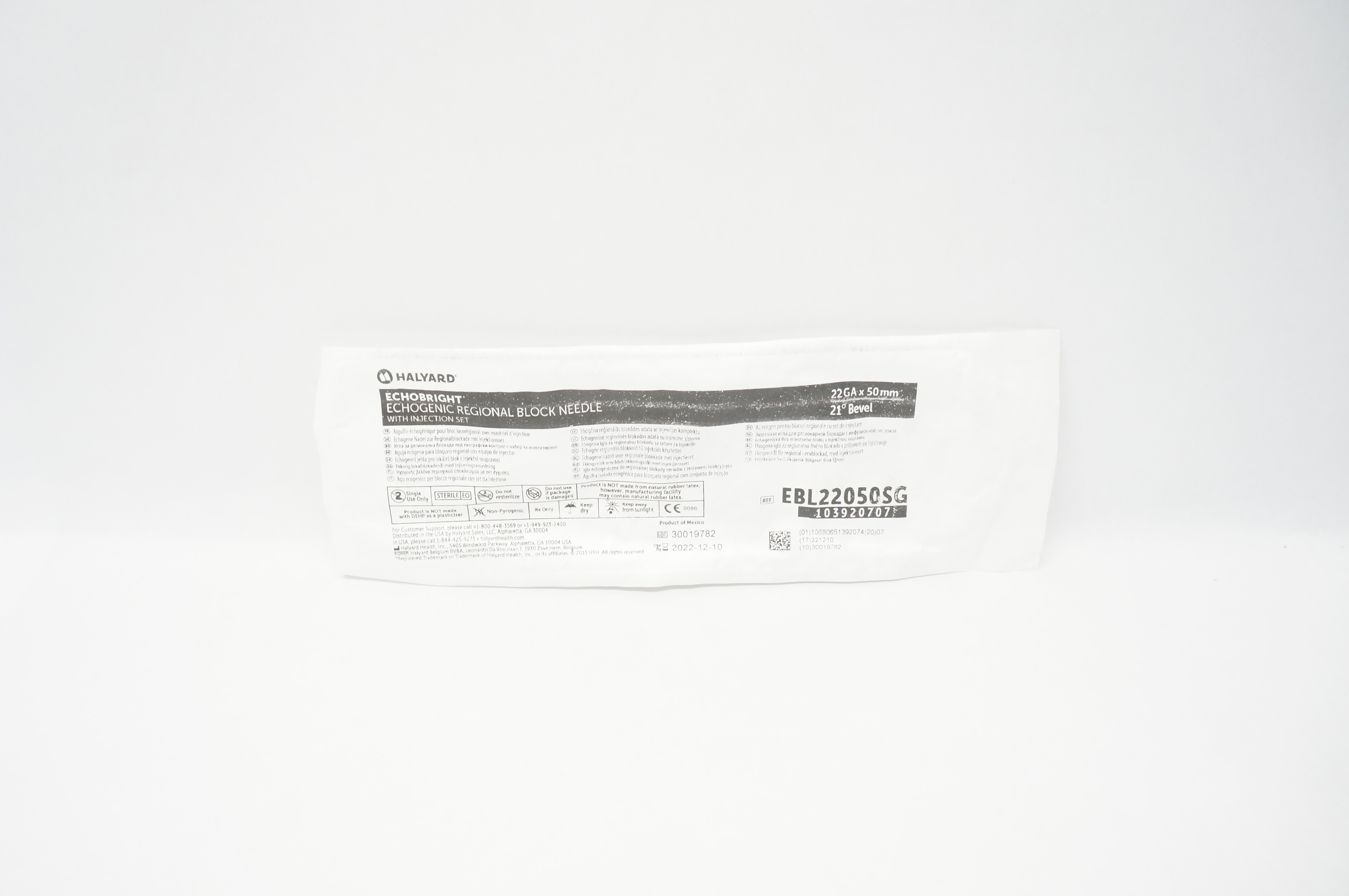 Halyard EBL22050SG EchoBright Echogenic Regional Block Ndle 22Ga x 50mm