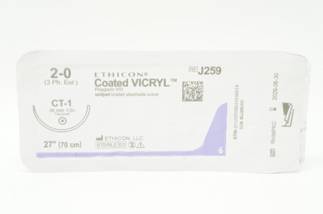 Ethicon J259 2-0 Coated VICRYL, CT-1, 36mm 1/2c Taperpoint, 27 inch