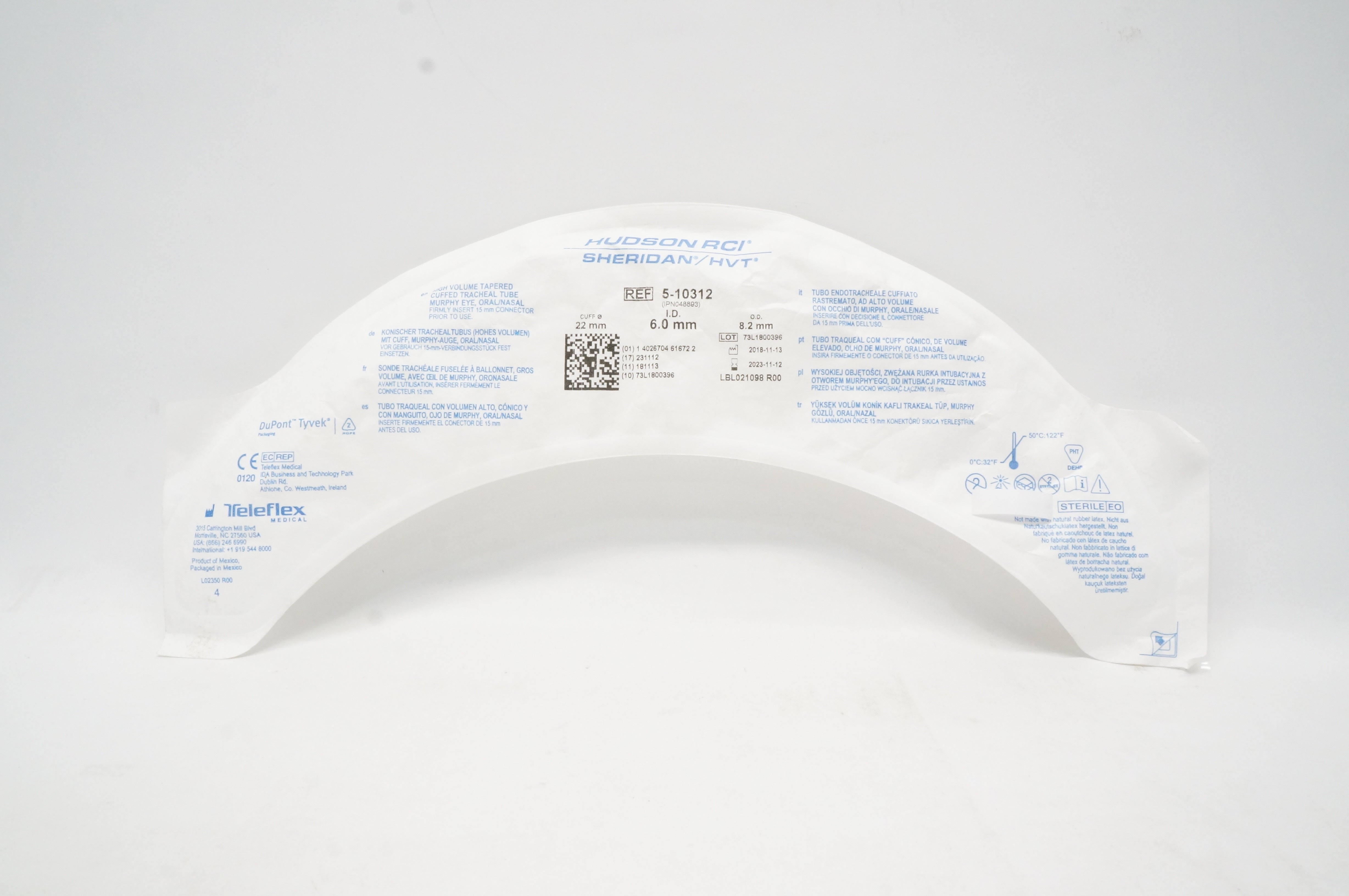 Teleflex 5-10312 Hudson RCI Sheridan HVT Cuffed Tracheal Tube 6.0 x 8.2 x 22mm