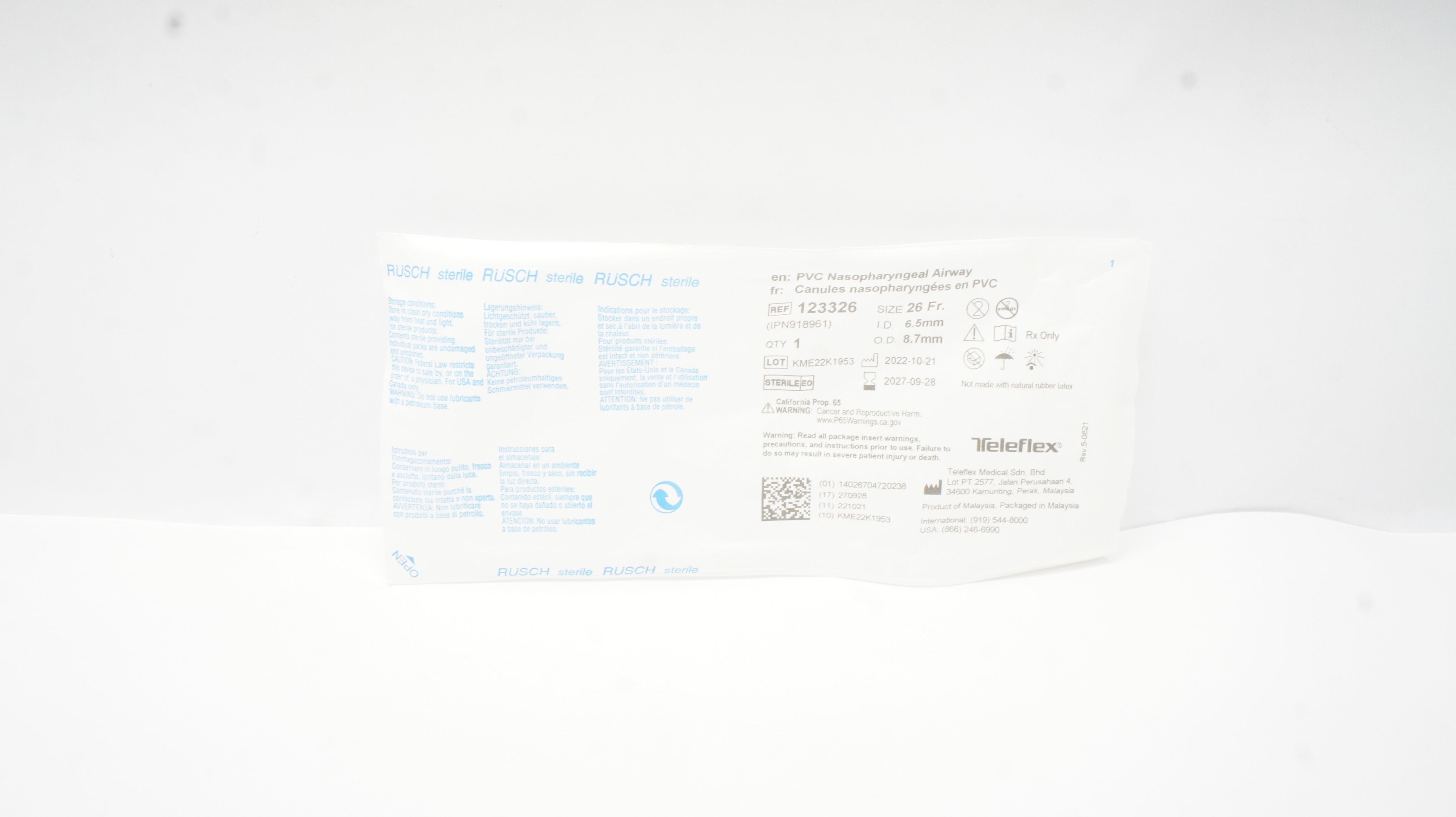 Teleflex 123326 Rusch PVC Nasopharyngeal Airway 26Fr. 6.5mm ID x 8.7mm OD