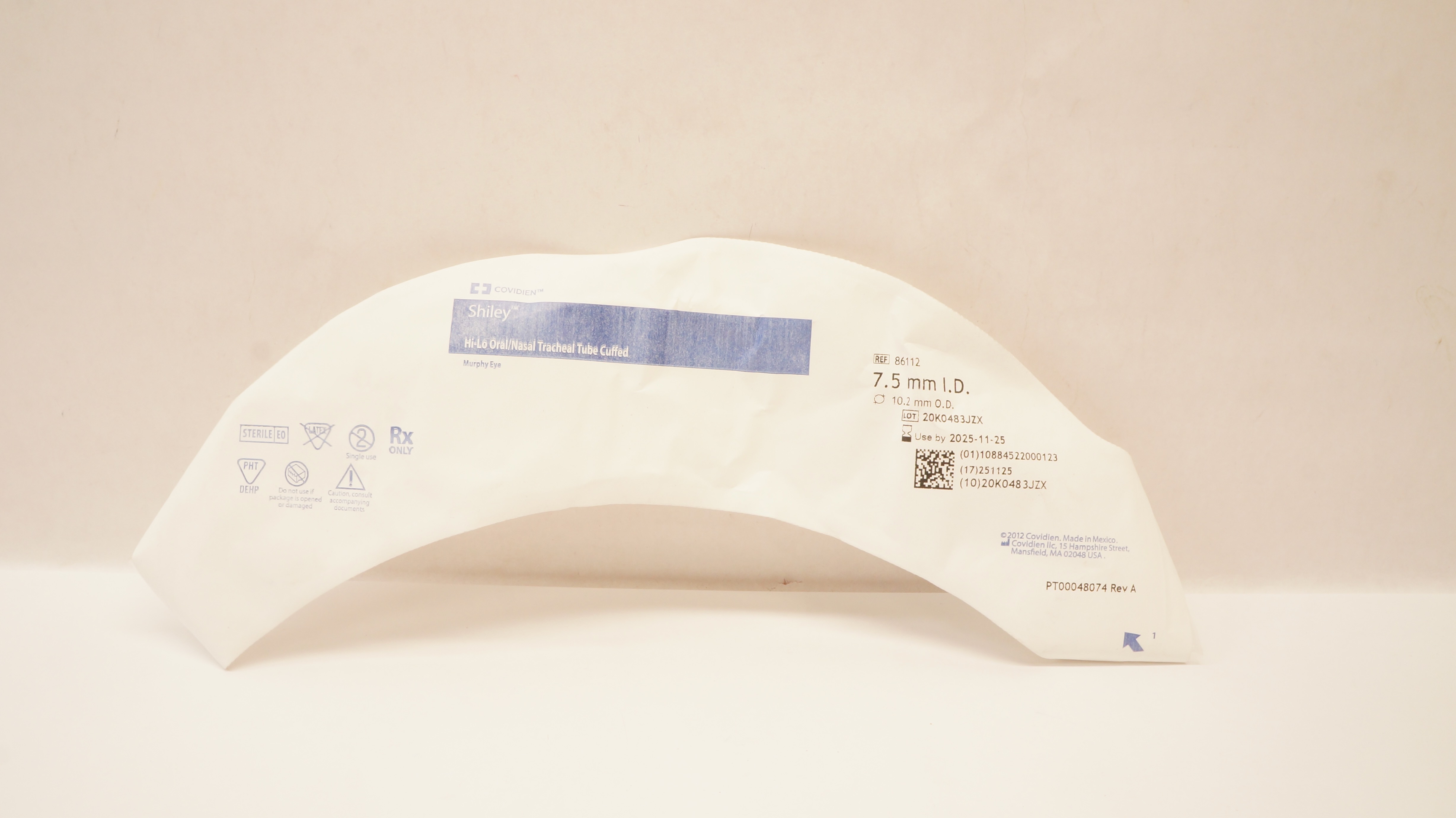 Covidien 86112 Shiley Hi-Lo Oral/Nasal Tracheal Tube Cuffed 7.5mm ID x 10.2mm OD