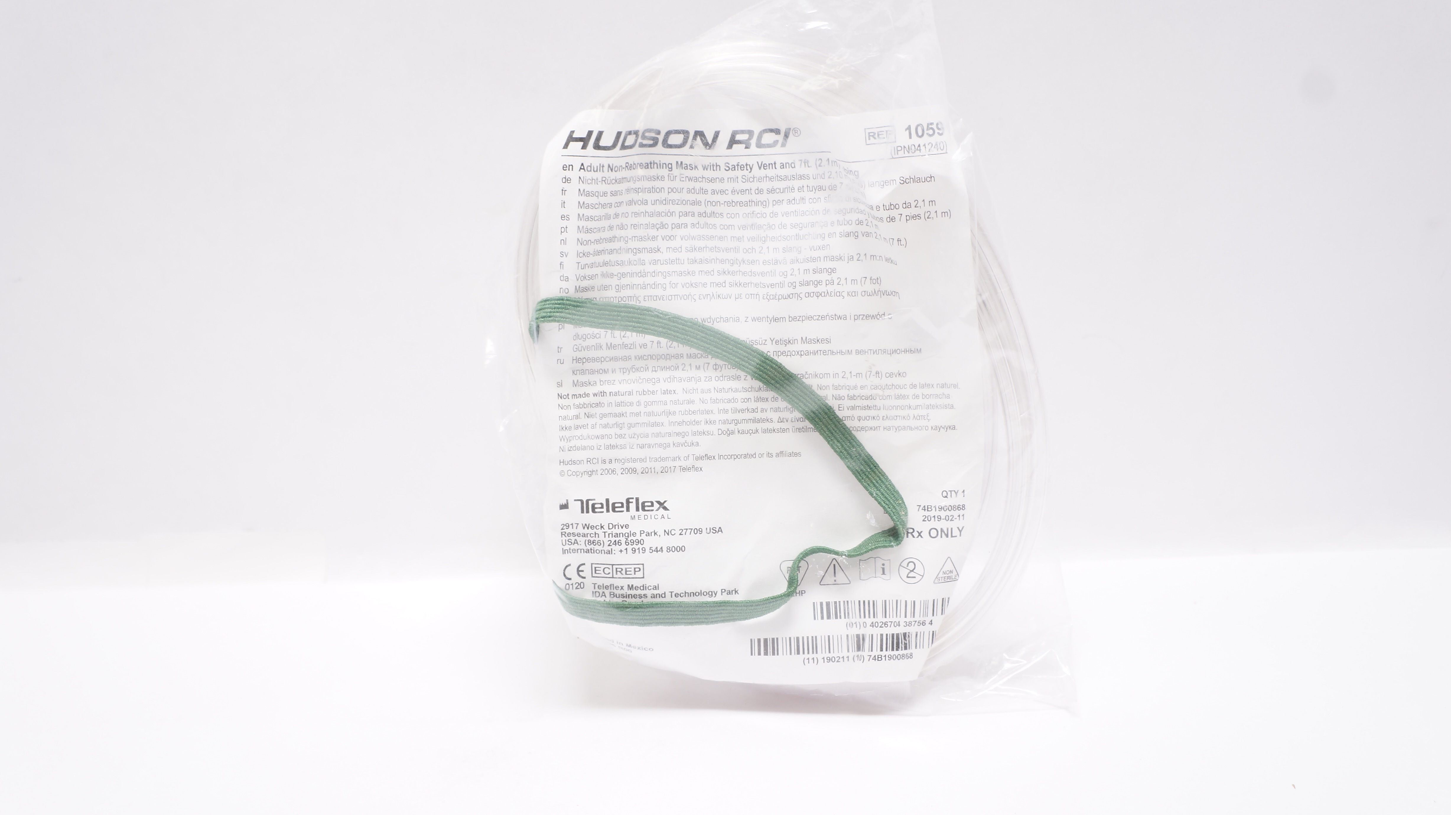 Teleflex 1059 Hudson RCI Adult Non-Rebreathing Mask w/Safety Vent & 7 ft. Tubing