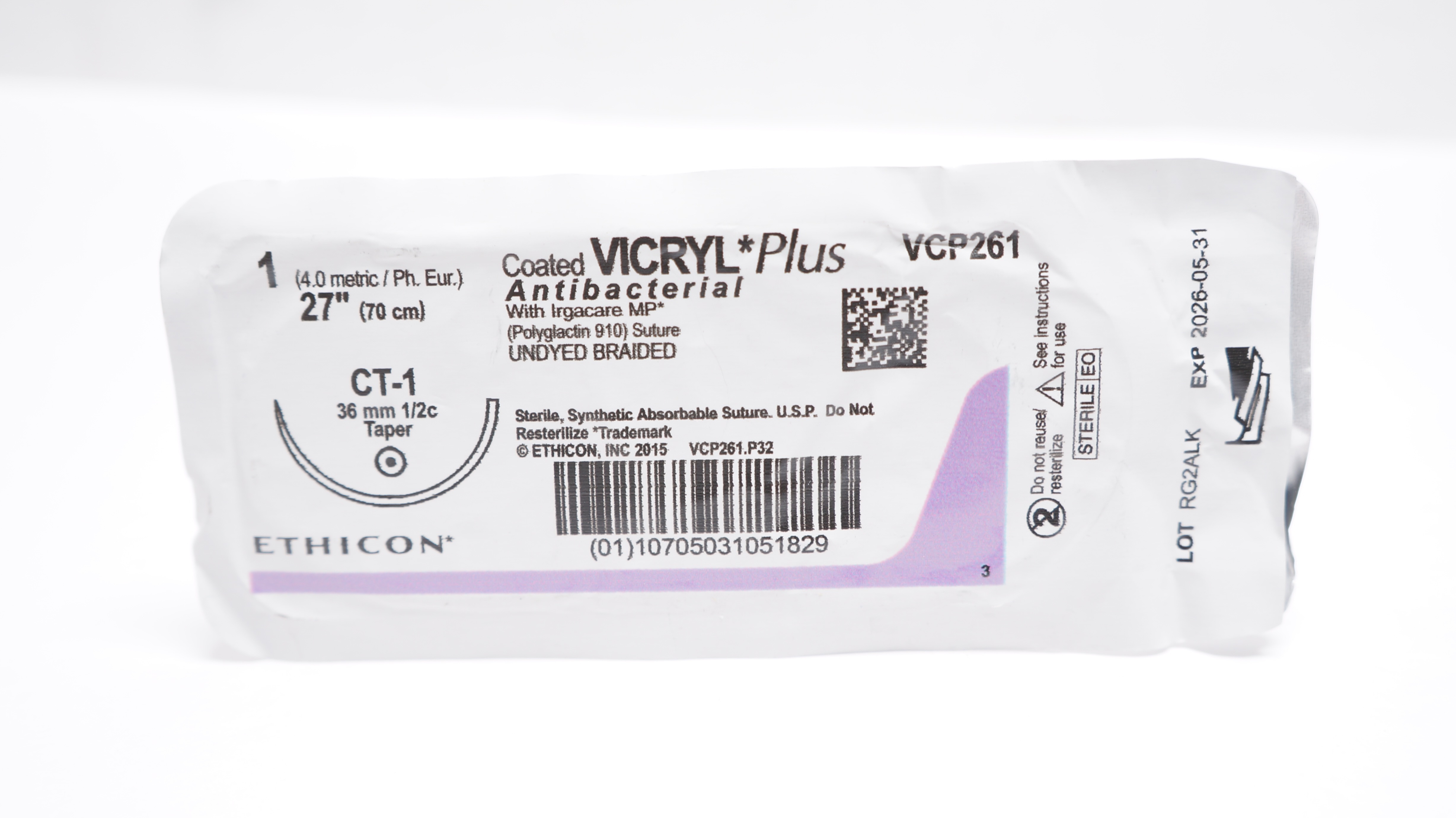 Ethicon VCP261 1 VICRYL Plus Undyed Braided Stre CT-1 36mm 1/2c Taper 27inch